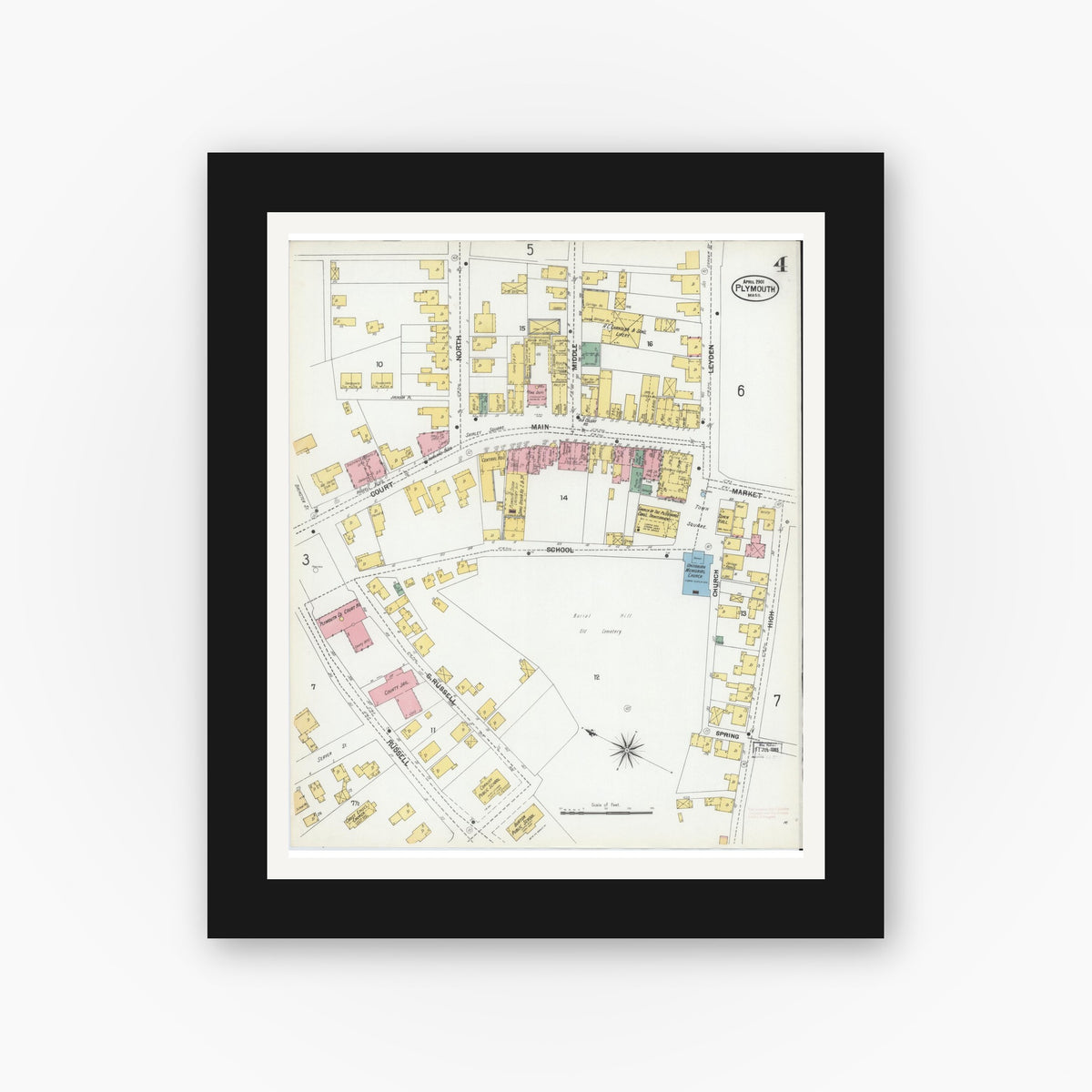 Old map wall art mockup — black gallery frame with white mat — Sanborn Fire Insurance Map from Plymouth, Plymouth County, Massachusetts (1901), Sheet #0004