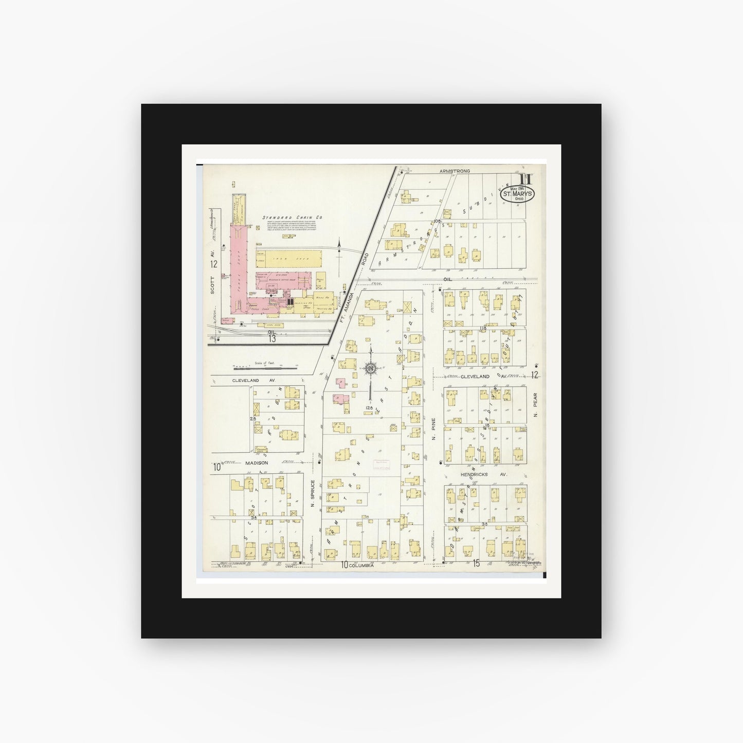 Old map wall art mockup — black gallery frame with white mat — Sanborn Fire Insurance Map from Saint Marys, Auglaize County, Ohio (1914), Sheet #0011