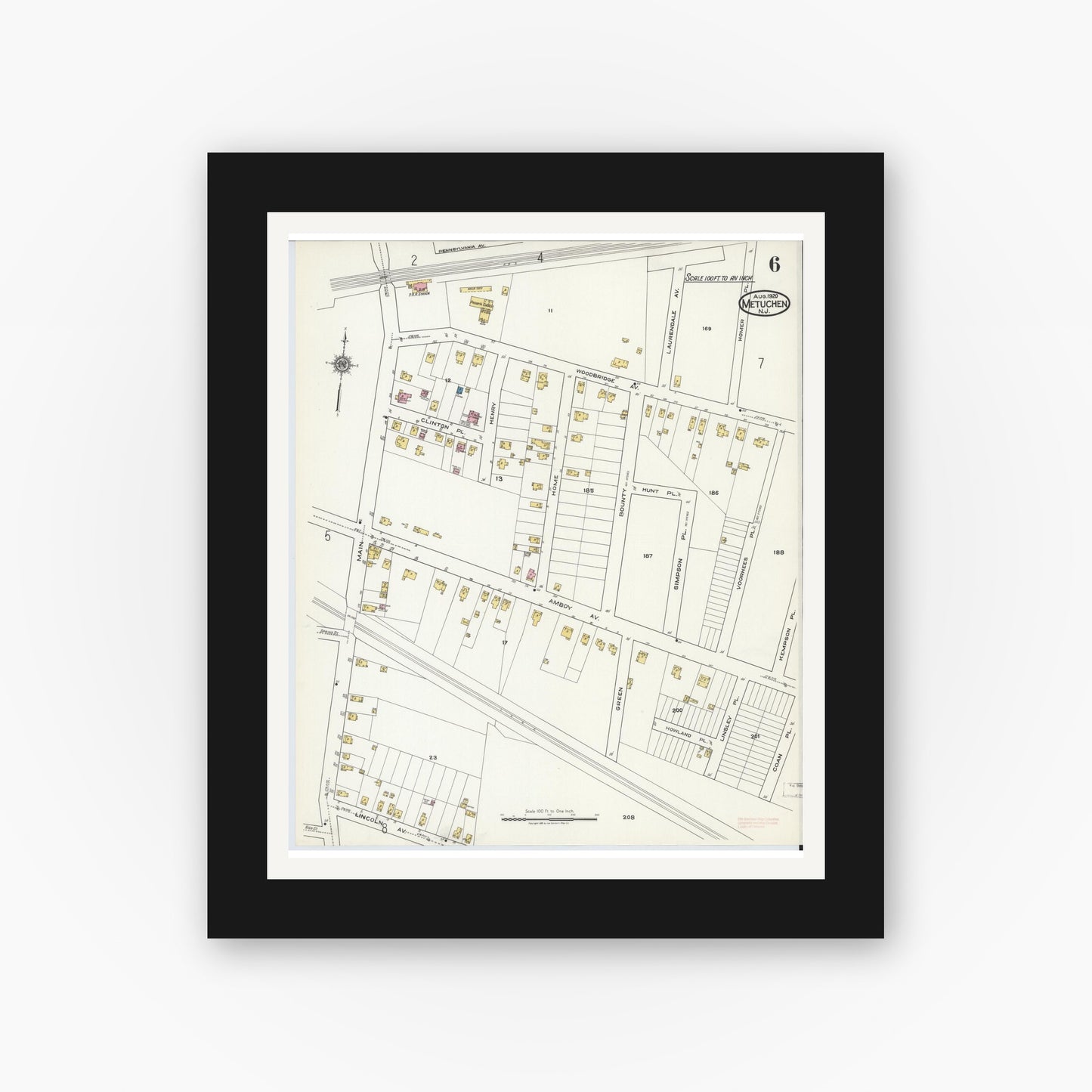 Old map wall art mockup — black gallery frame with white mat — Sanborn Fire Insurance Map from Metuchen, Middlesex County, New Jersey (1920), Sheet #0006