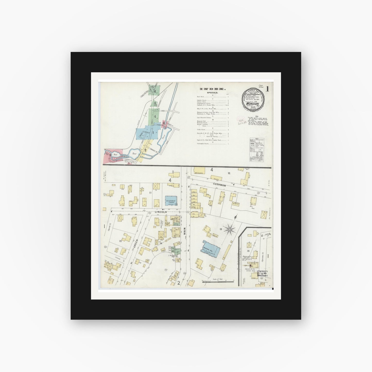 Old map wall art mockup — black gallery frame with white mat — Sanborn Fire Insurance Map from Monson, Hampden County, Massachusetts (1896) - Complete Map Set
