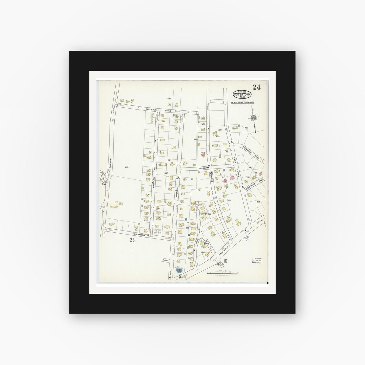 Old map wall art mockup — black gallery frame with white mat — Sanborn Fire Insurance Map from Watertown, Middlesex County, Massachusetts (1916), Sheet #0024