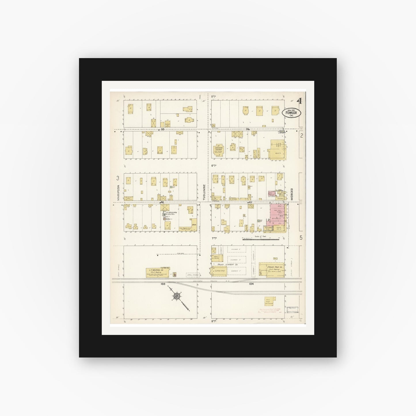 Old map wall art mockup — black gallery frame with white mat — Sanborn Fire Insurance Map from Fowler, Fresno County, California (1911), Sheet #0004