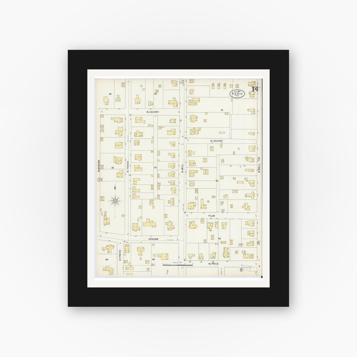 Old map wall art mockup — black gallery frame with white mat — Sanborn Fire Insurance Map from Paris, Lamar County, Texas (1897), Sheet #0014