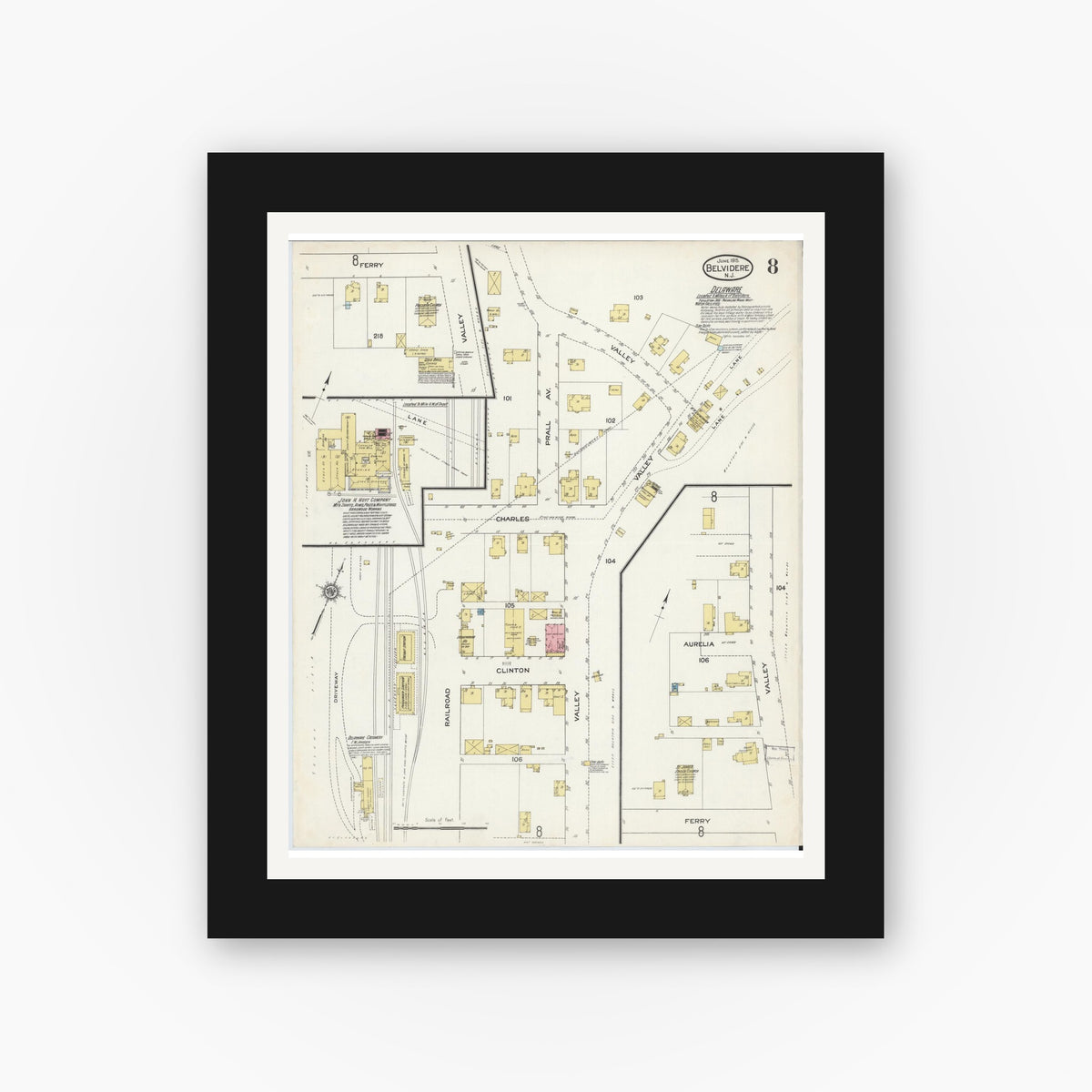 Old map wall art mockup — black gallery frame with white mat — Sanborn Fire Insurance Map from Belvidere, Warren County, New Jersey (1915), Sheet #0008