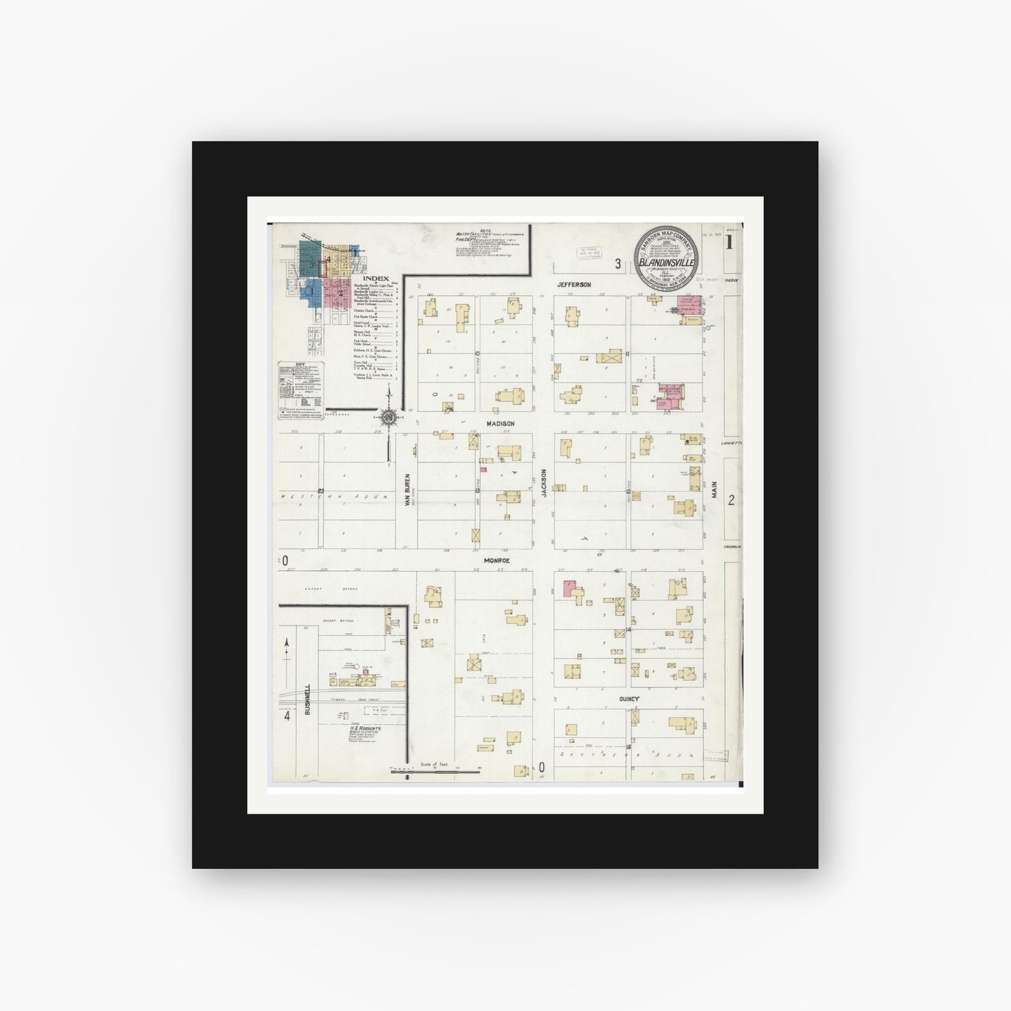 Old map wall art mockup — black gallery frame with white mat — Sanborn Fire Insurance Map from Blandinsville, Mcdonough County, Illinois (1912), Sheet #0001