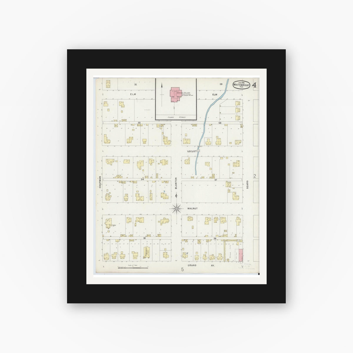 Old map wall art mockup — black gallery frame with white mat — Sanborn Fire Insurance Map from Whitewright, Grayson County, Texas (1896), Sheet #0004