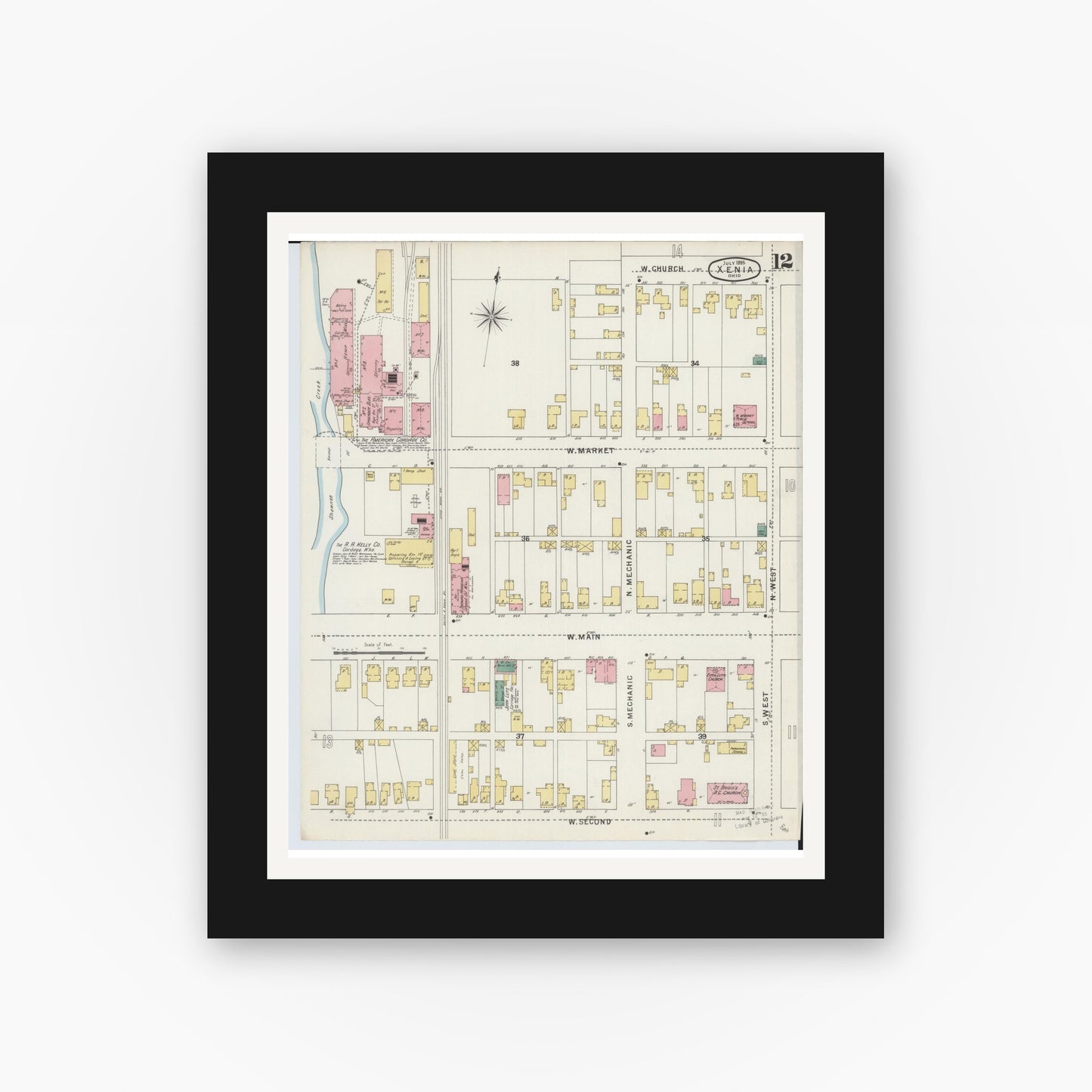 Old map wall art mockup — black gallery frame with white mat — Sanborn Fire Insurance Map from Xenia, Greene County, Ohio (1895), Sheet #0012