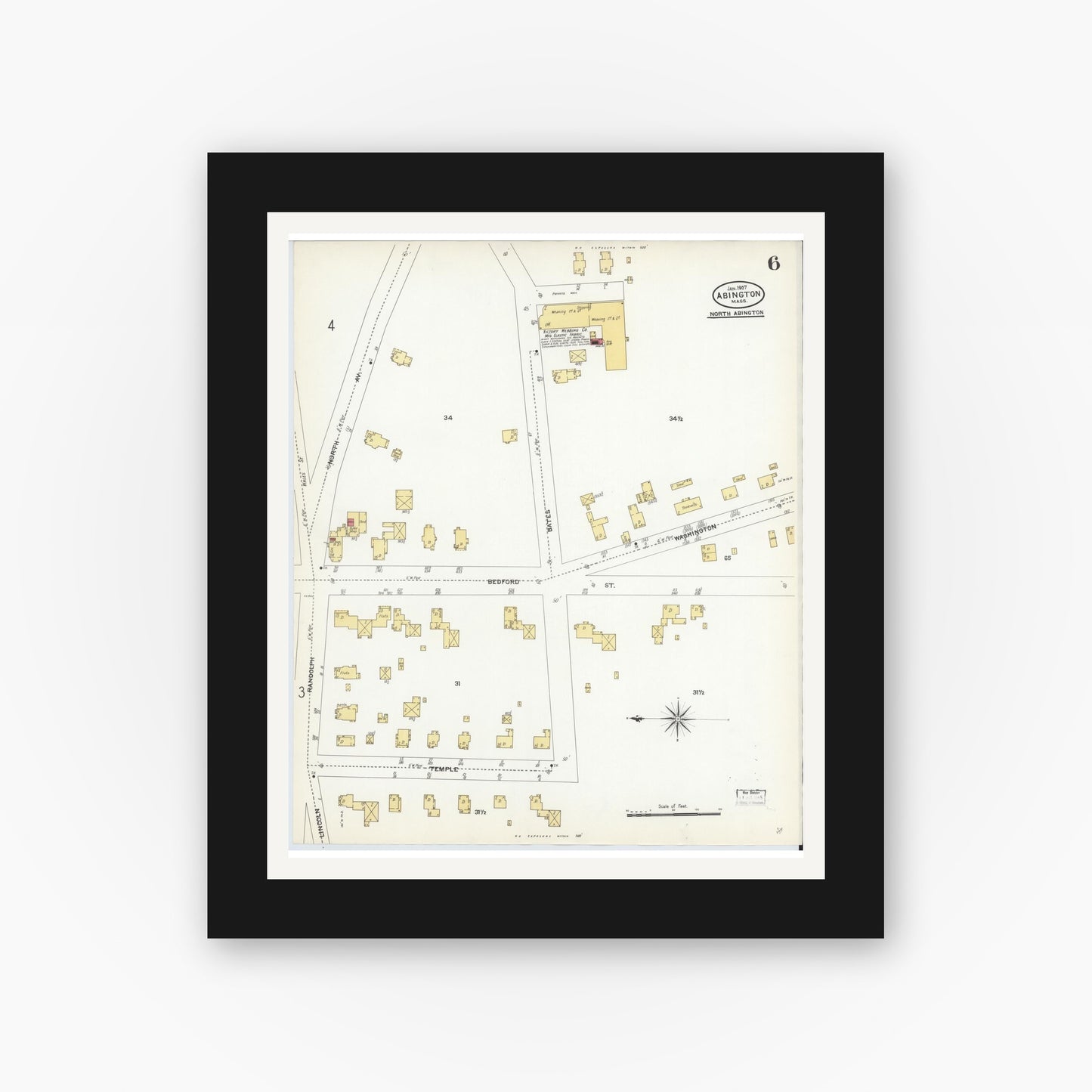 Old map wall art mockup — black gallery frame with white mat — Sanborn Fire Insurance Map from Abington, Plymouth County, Massachusetts (1907), Sheet #0006