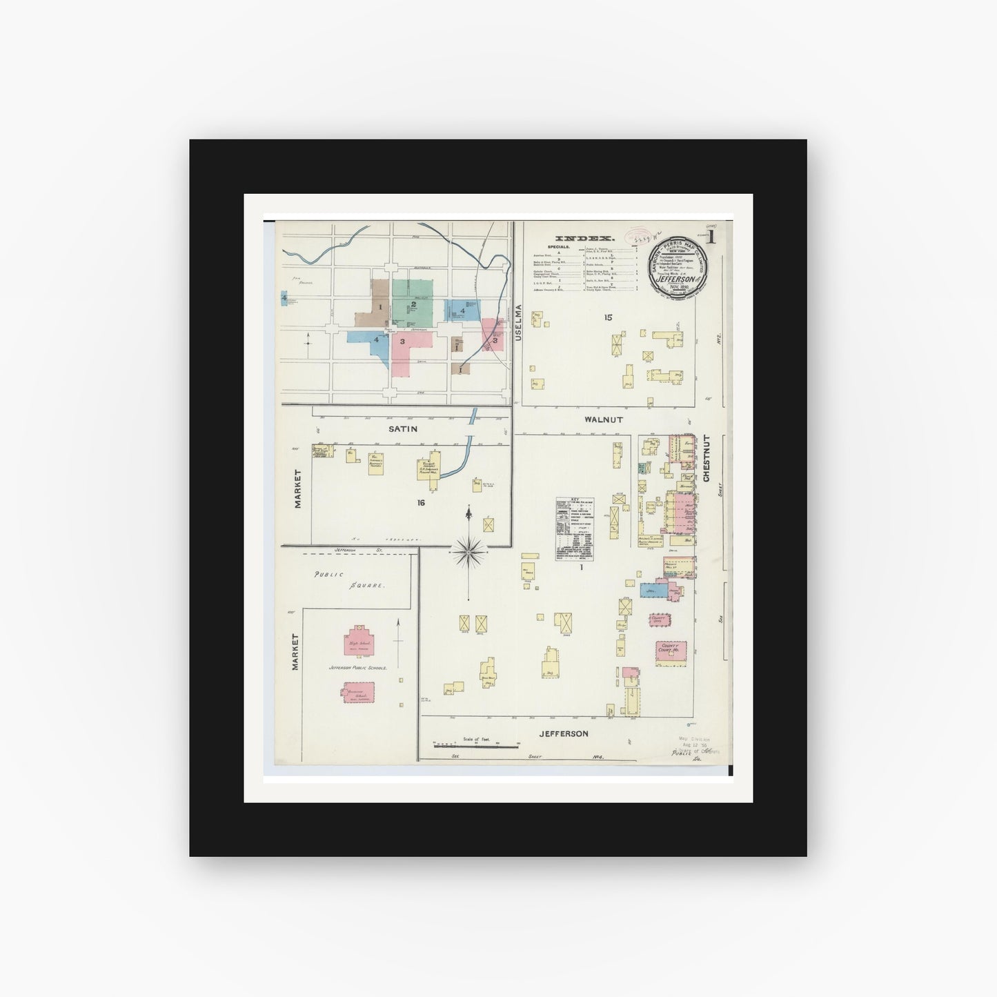 Old map wall art mockup — black gallery frame with white mat — Sanborn Fire Insurance Map from Jefferson, Ashtabula County, Ohio (1890) - Complete Map Set