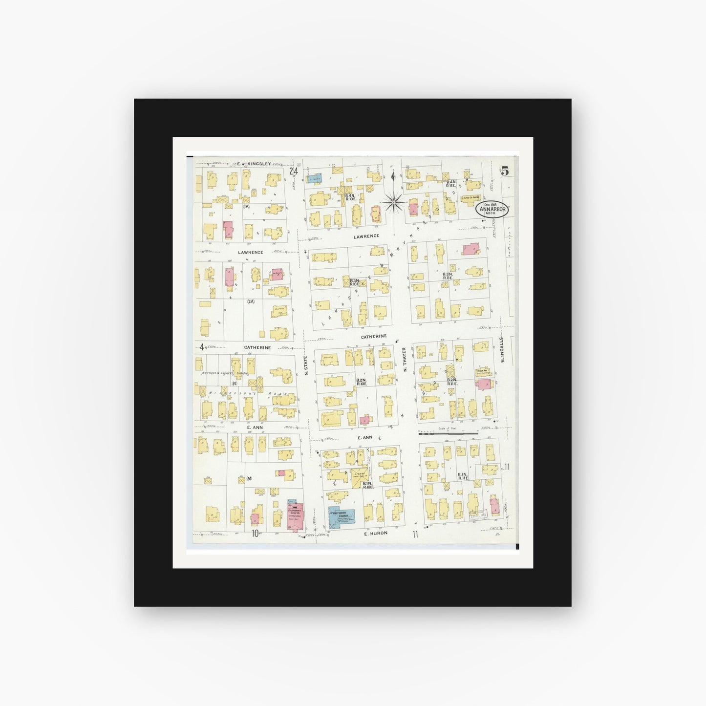 Old map wall art mockup — black gallery frame with white mat — Sanborn Fire Insurance Map from Ann Arbor, Washtenaw County, Michigan (1908), Sheet #0005