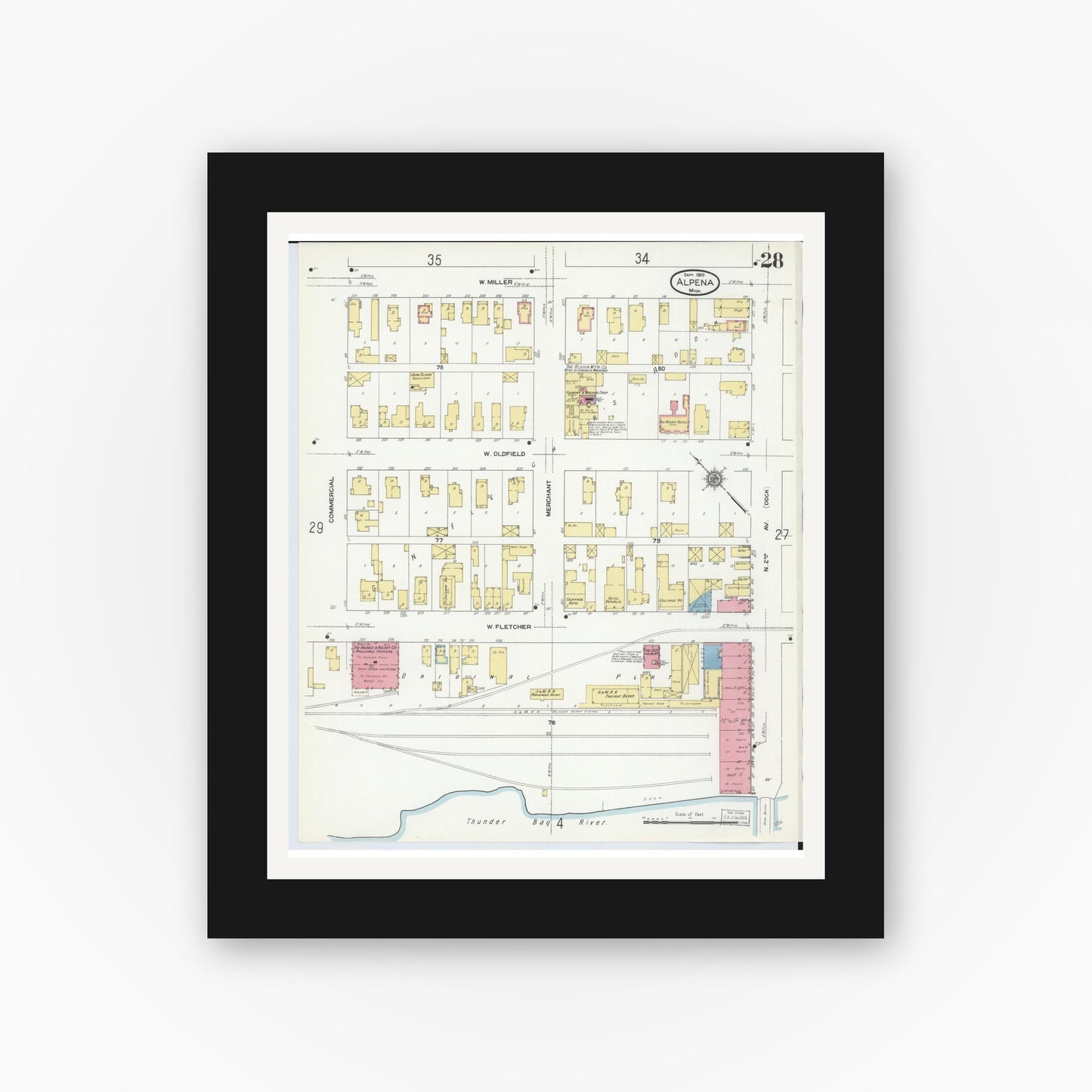 Old map wall art mockup — black gallery frame with white mat — Sanborn Fire Insurance Map from Alpena, Alpena County, Michigan (1910), Sheet #0028