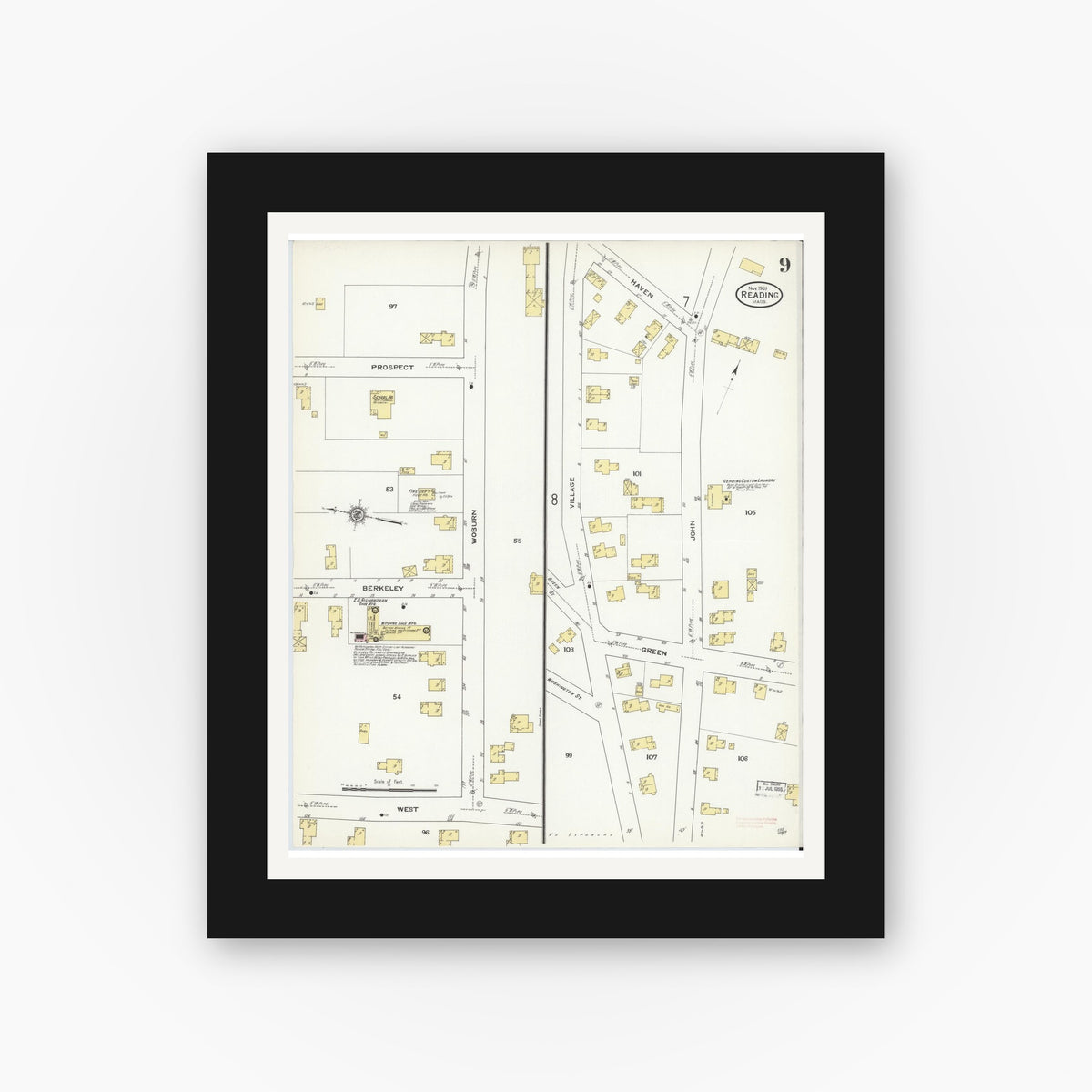 Old map wall art mockup — black gallery frame with white mat — Sanborn Fire Insurance Map from Reading, Middlesex County, Massachusetts (1909), Sheet #0009