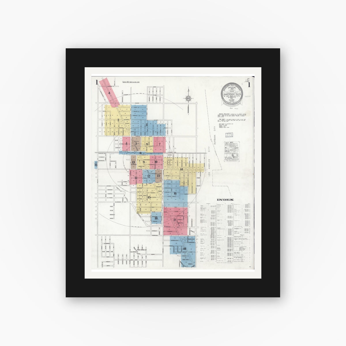 Old map wall art mockup — black gallery frame with white mat — Sanborn Fire Insurance Map from Lankershim, Los Angeles County, California (1927) - Complete Map Set