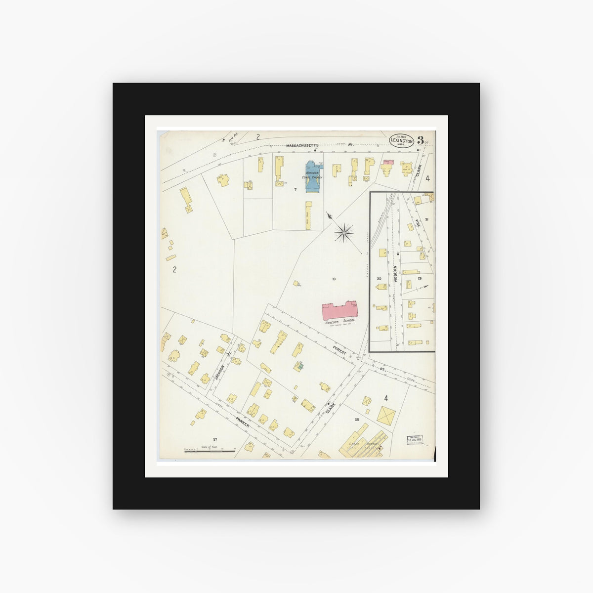 Old map wall art mockup — black gallery frame with white mat — Sanborn Fire Insurance Map from Lexington, Middlesex County, Massachusetts (1903), Sheet #0003