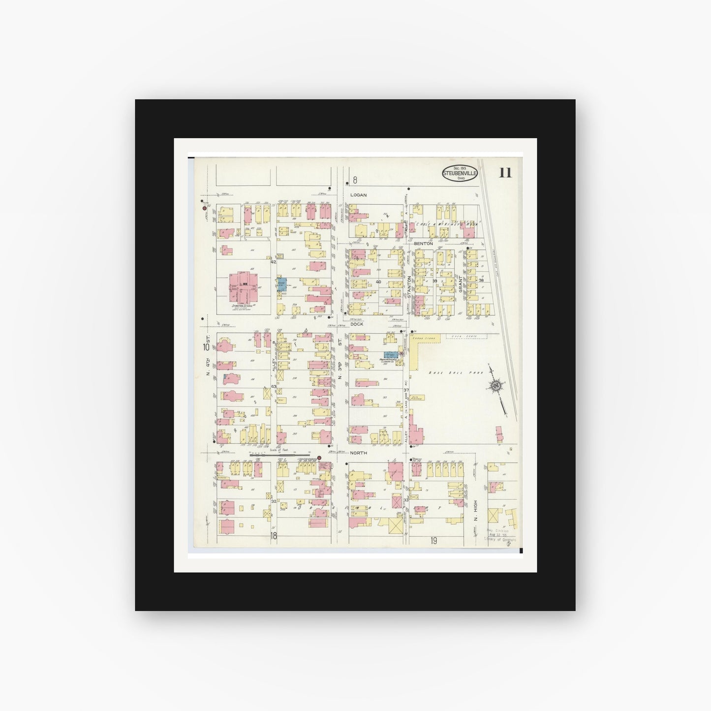 Old map wall art mockup — black gallery frame with white mat — Sanborn Fire Insurance Map from Steubenville, Jefferson County, Ohio (1913), Sheet #0011