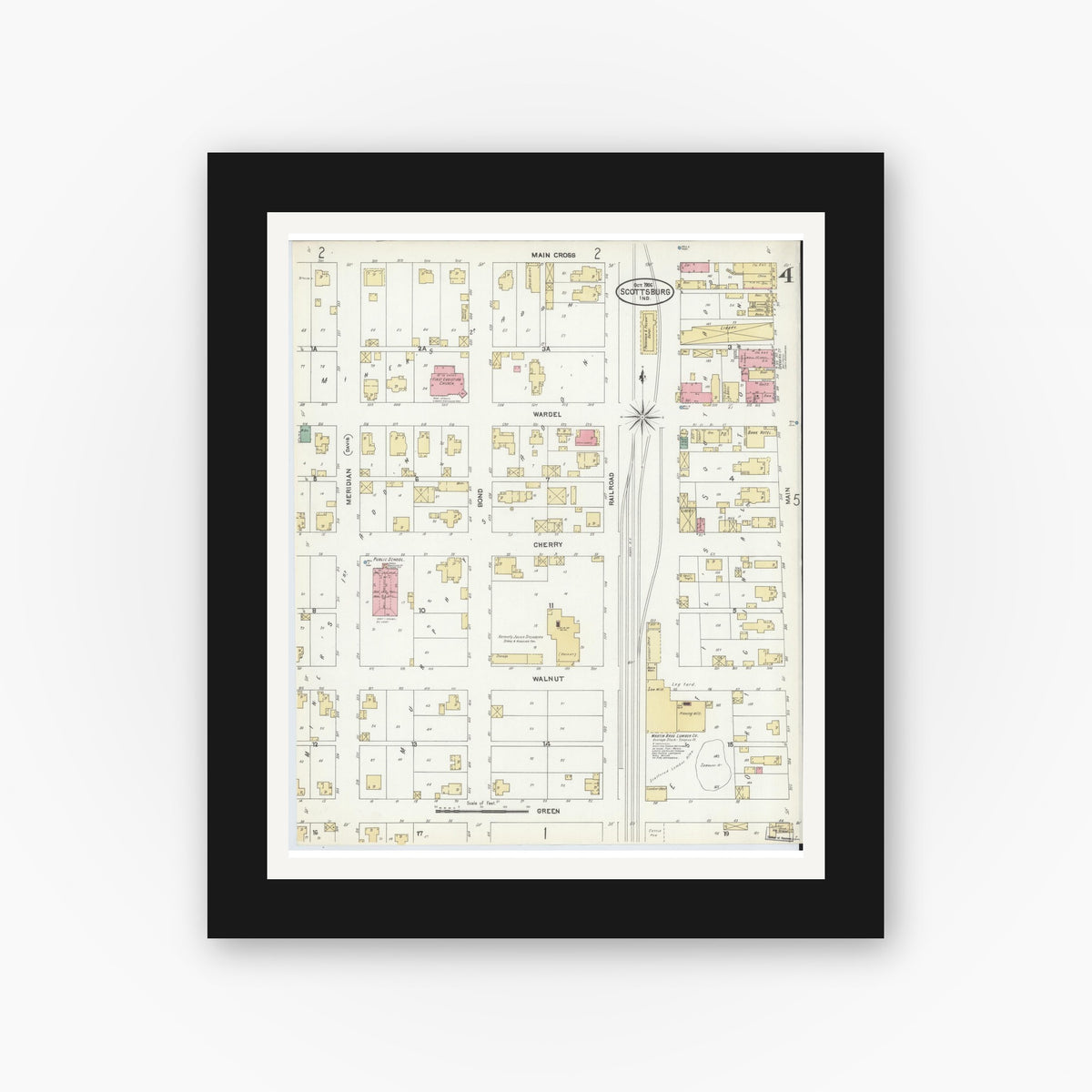 Old map wall art mockup — black gallery frame with white mat — Sanborn Fire Insurance Map from Scottsburg, Scott County, Indiana (1906), Sheet #0004