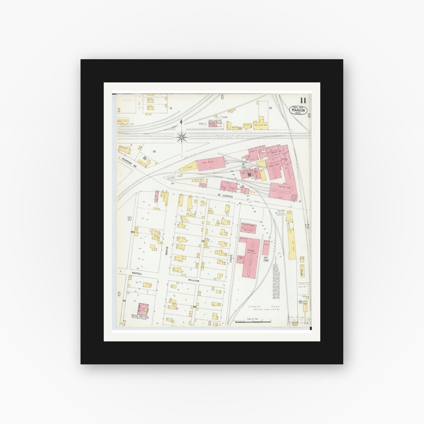 Old map wall art mockup — black gallery frame with white mat — Sanborn Fire Insurance Map from Marion, Marion County, Ohio (1900), Sheet #0011