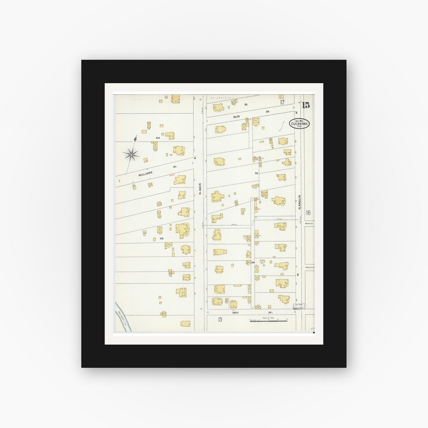 Old map wall art mockup — black gallery frame with white mat — Sanborn Fire Insurance Map from Cleburne, Johnson County, Texas (1904), Sheet #0015