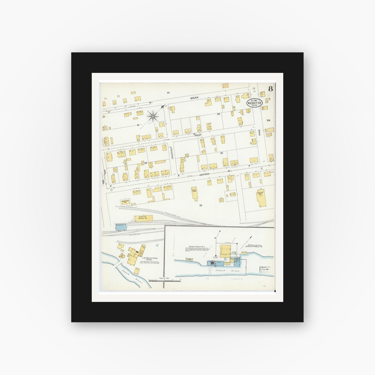 Old map wall art mockup — black gallery frame with white mat — Sanborn Fire Insurance Map from Webster, Worcester County, Massachusetts (1904), Sheet #0008