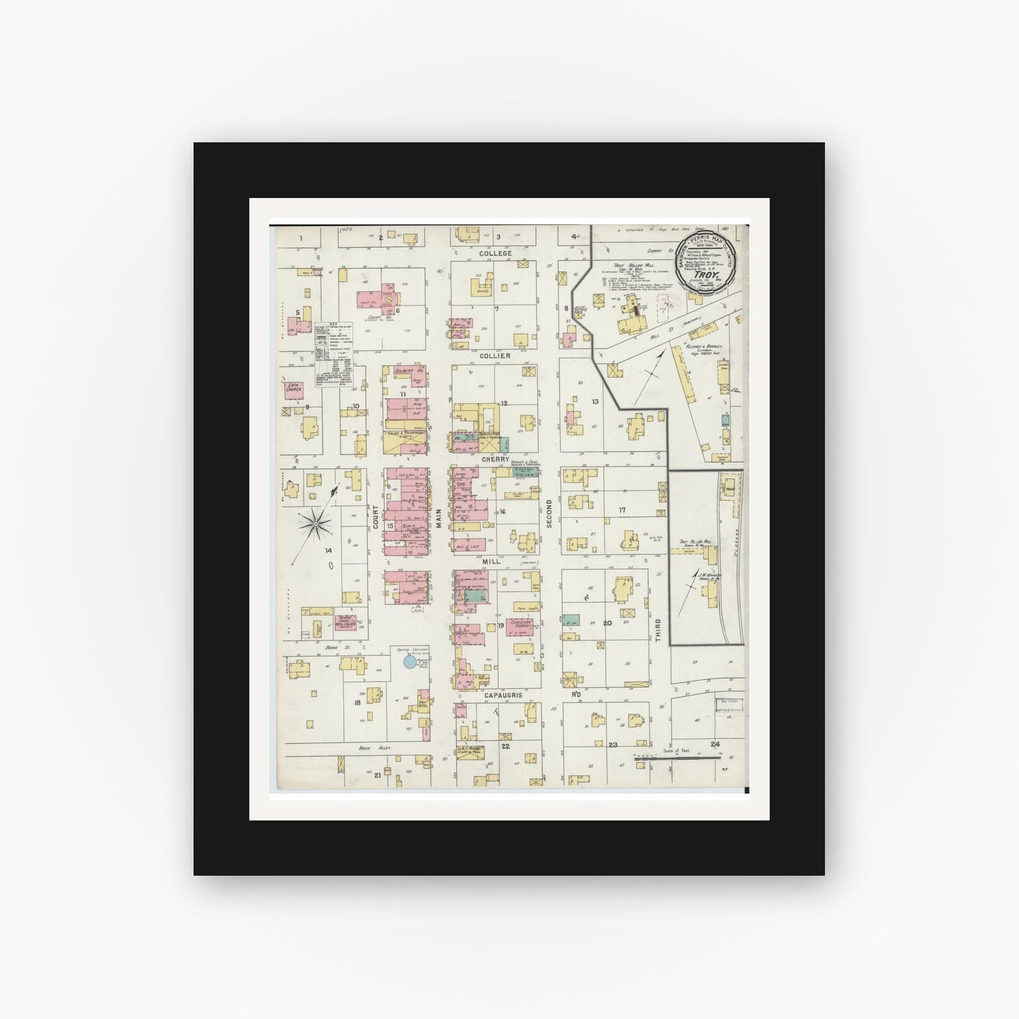 Old map wall art mockup — black gallery frame with white mat — Sanborn Fire Insurance Map from Troy, Lincoln County, Missouri (1895), Sheet #0001