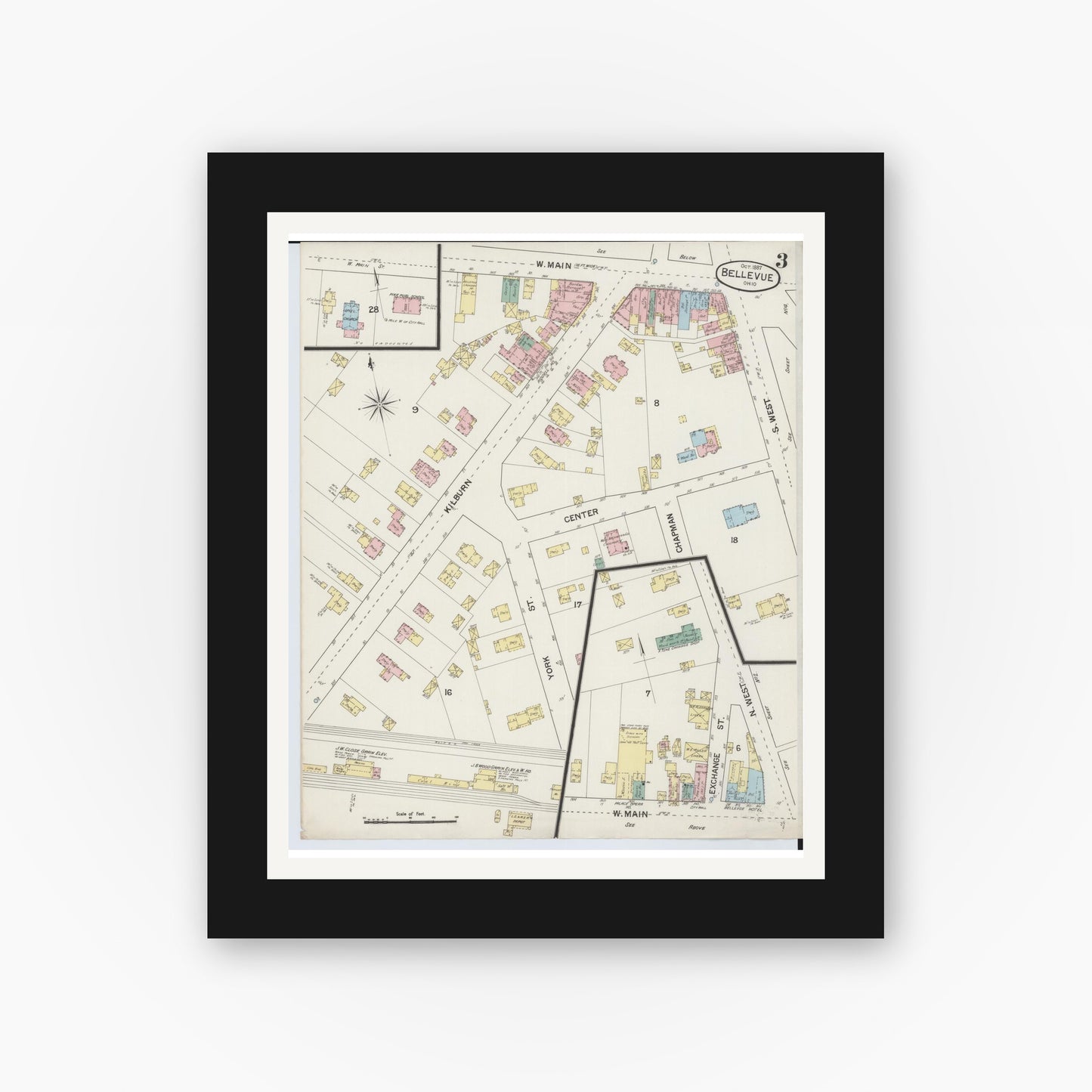 Old map wall art mockup — black gallery frame with white mat — Sanborn Fire Insurance Map from Bellevue, Huron And Sandusky County, Ohio (1887), Sheet #0003