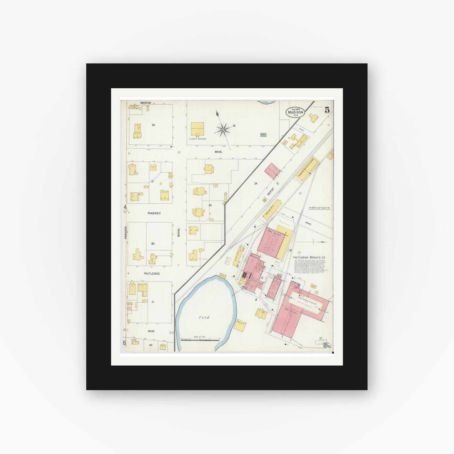 Old map wall art mockup — black gallery frame with white mat — Sanborn Fire Insurance Map from Madison, Madison County, Florida (1903), Sheet #0005