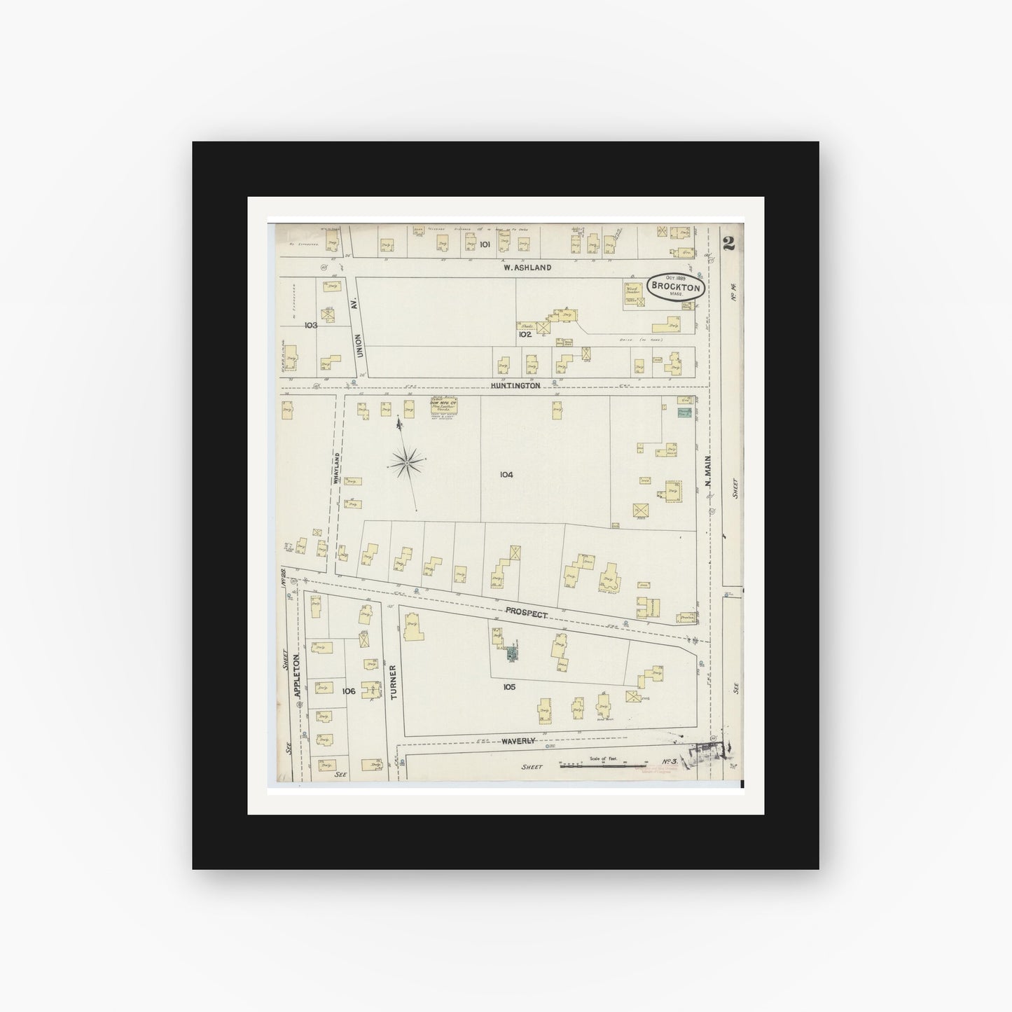 Old map wall art mockup — black gallery frame with white mat — Sanborn Fire Insurance Map from Brockton, Plymouth County, Massachusetts (1889), Sheet #0002