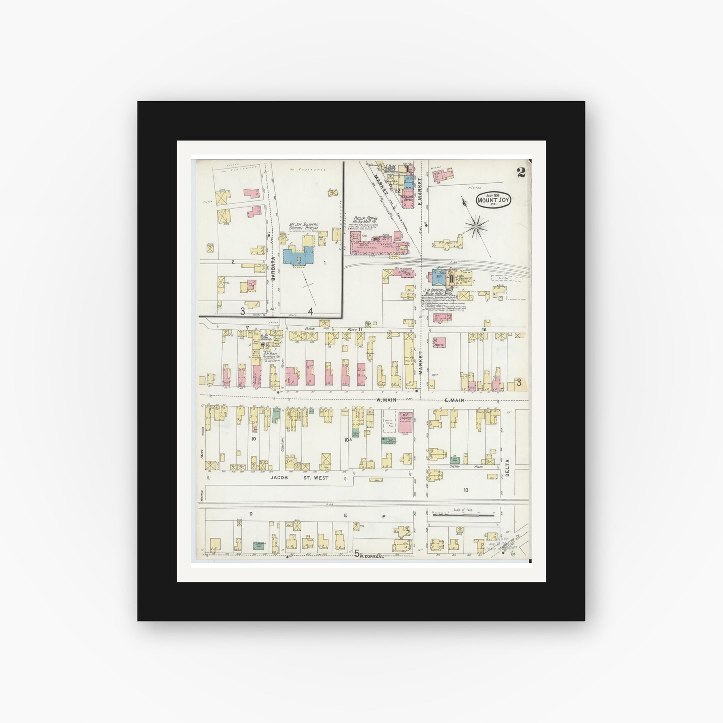 Old map wall art mockup — black gallery frame with white mat — Sanborn Fire Insurance Map from Mount Joy, Lancaster County, Pennsylvania (1896), Sheet #0002