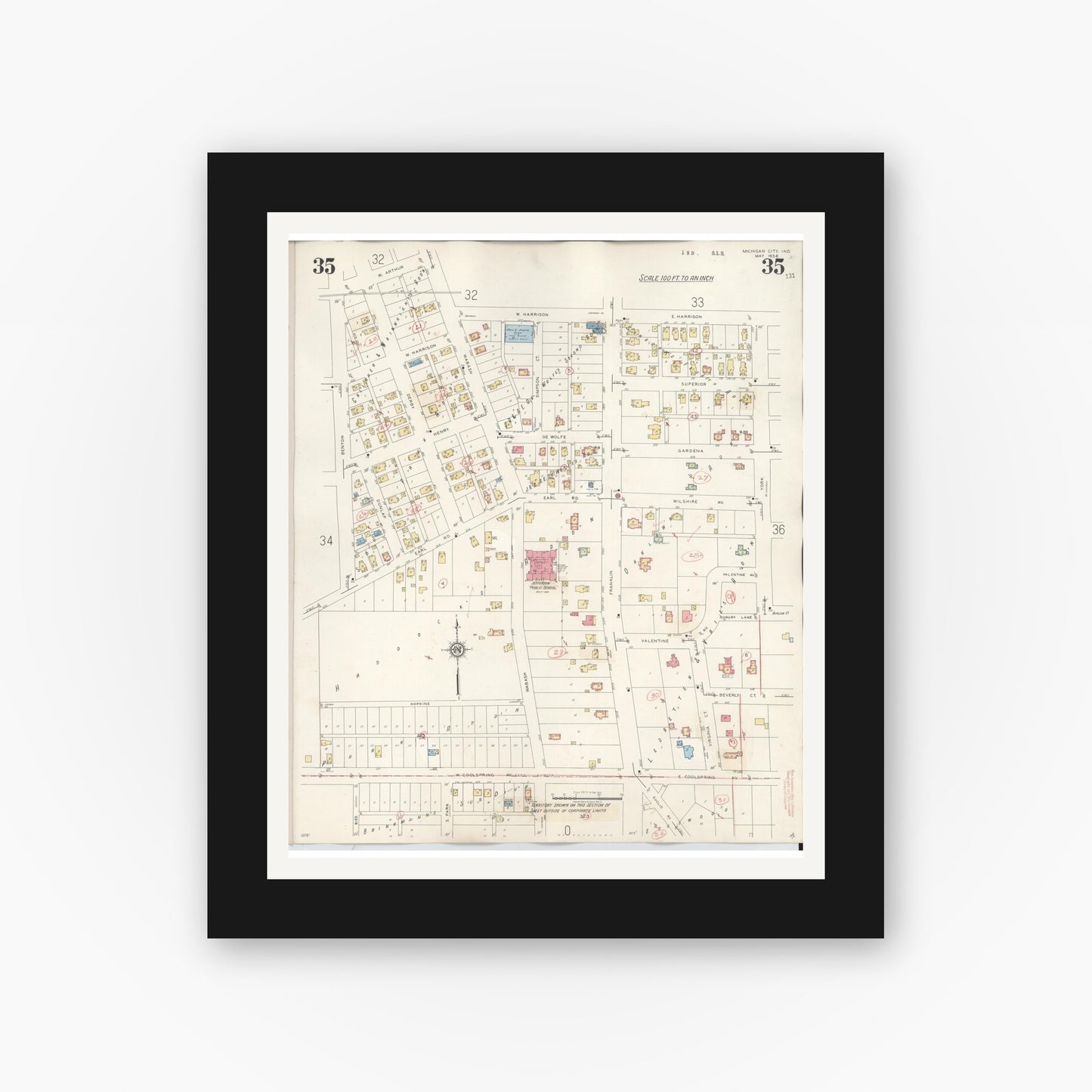 Old map wall art mockup — black gallery frame with white mat — Sanborn Fire Insurance Map from Michigan City, La Porte County, Indiana (1948), Sheet #0035