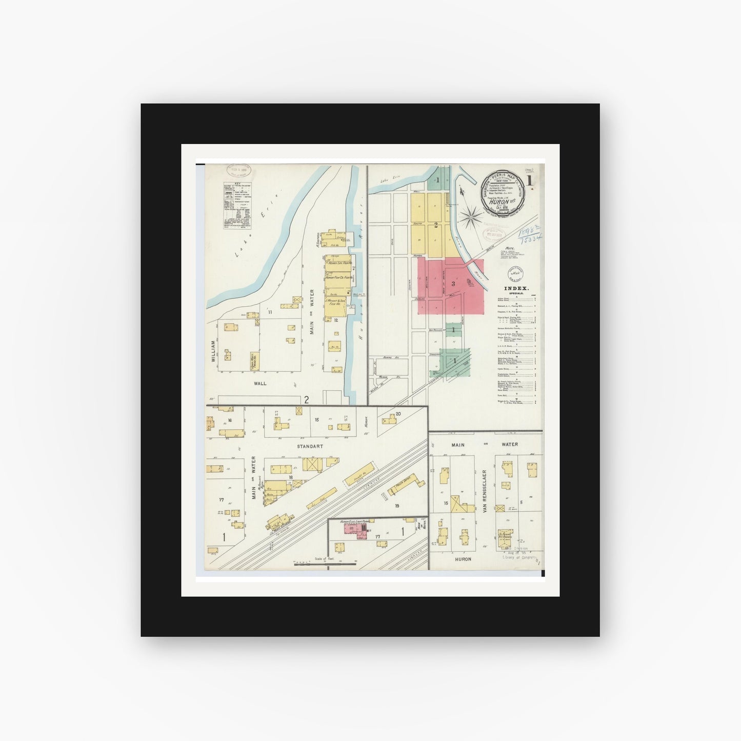 Old map wall art mockup — black gallery frame with white mat — Sanborn Fire Insurance Map from Huron, Erie County, Ohio (1898), Sheet #0001