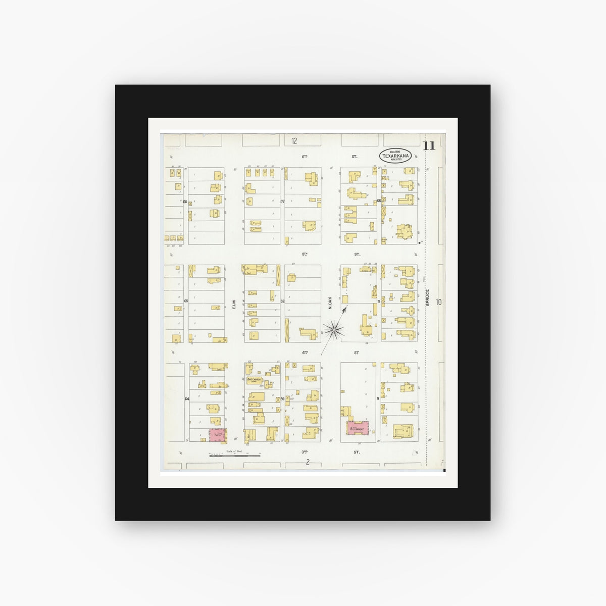 Old map wall art mockup — black gallery frame with white mat — Sanborn Fire Insurance Map from Texarkana, Bowie County, Texas (1900), Sheet #0011