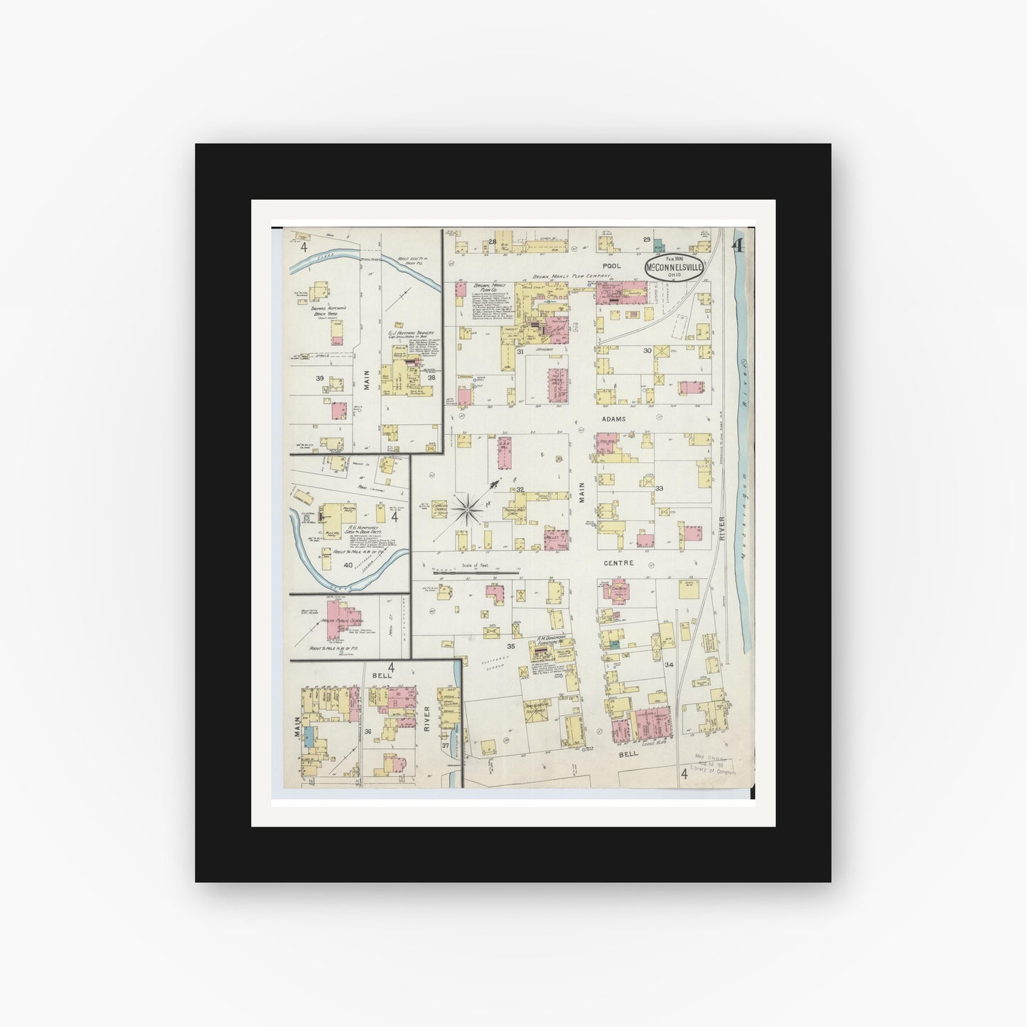 Old map wall art mockup — black gallery frame with white mat — Sanborn Fire Insurance Map from McConnelsville, Morgan County, Ohio (1896), Sheet #0004
