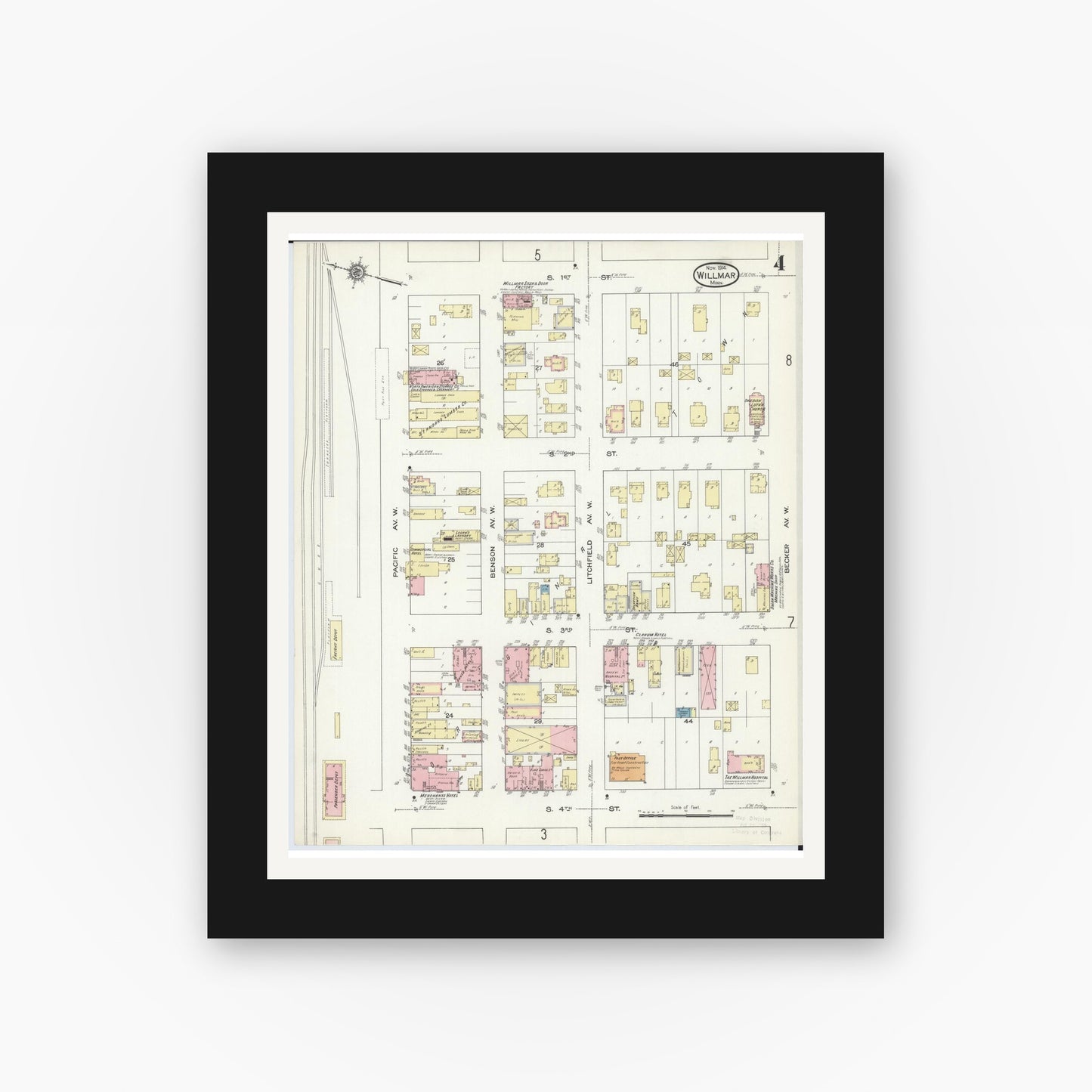Old map wall art mockup — black gallery frame with white mat — Sanborn Fire Insurance Map from Willmar, Kandiyohi County, Minnesota (1914), Sheet #0004