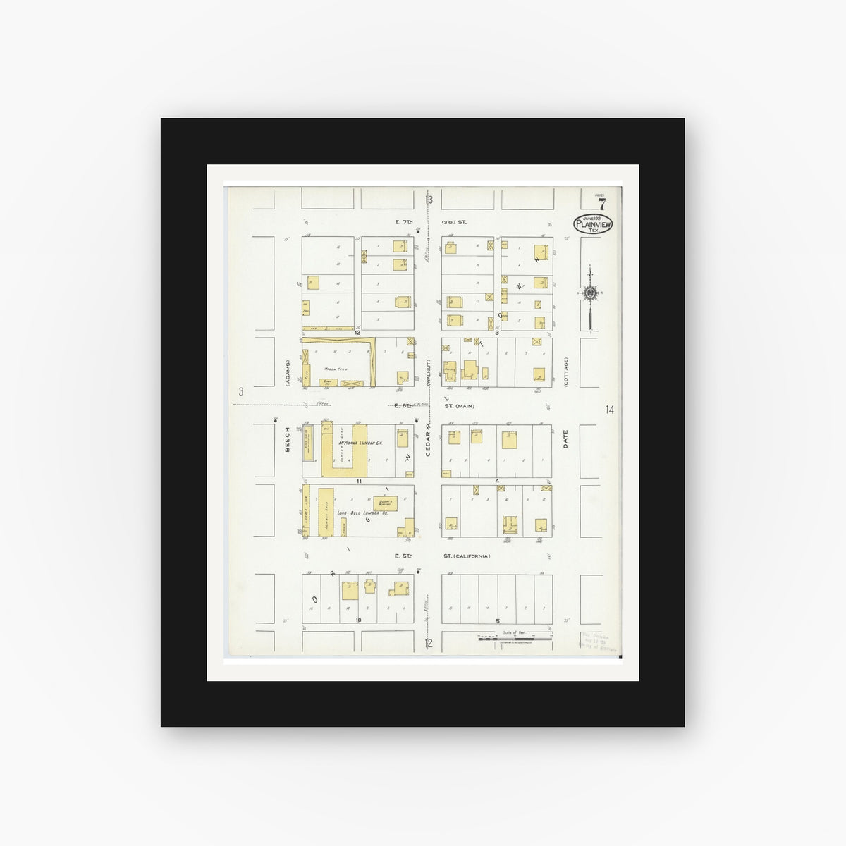 Old map wall art mockup — black gallery frame with white mat — Sanborn Fire Insurance Map from Plainview, Hale County, Texas (1921), Sheet #0007