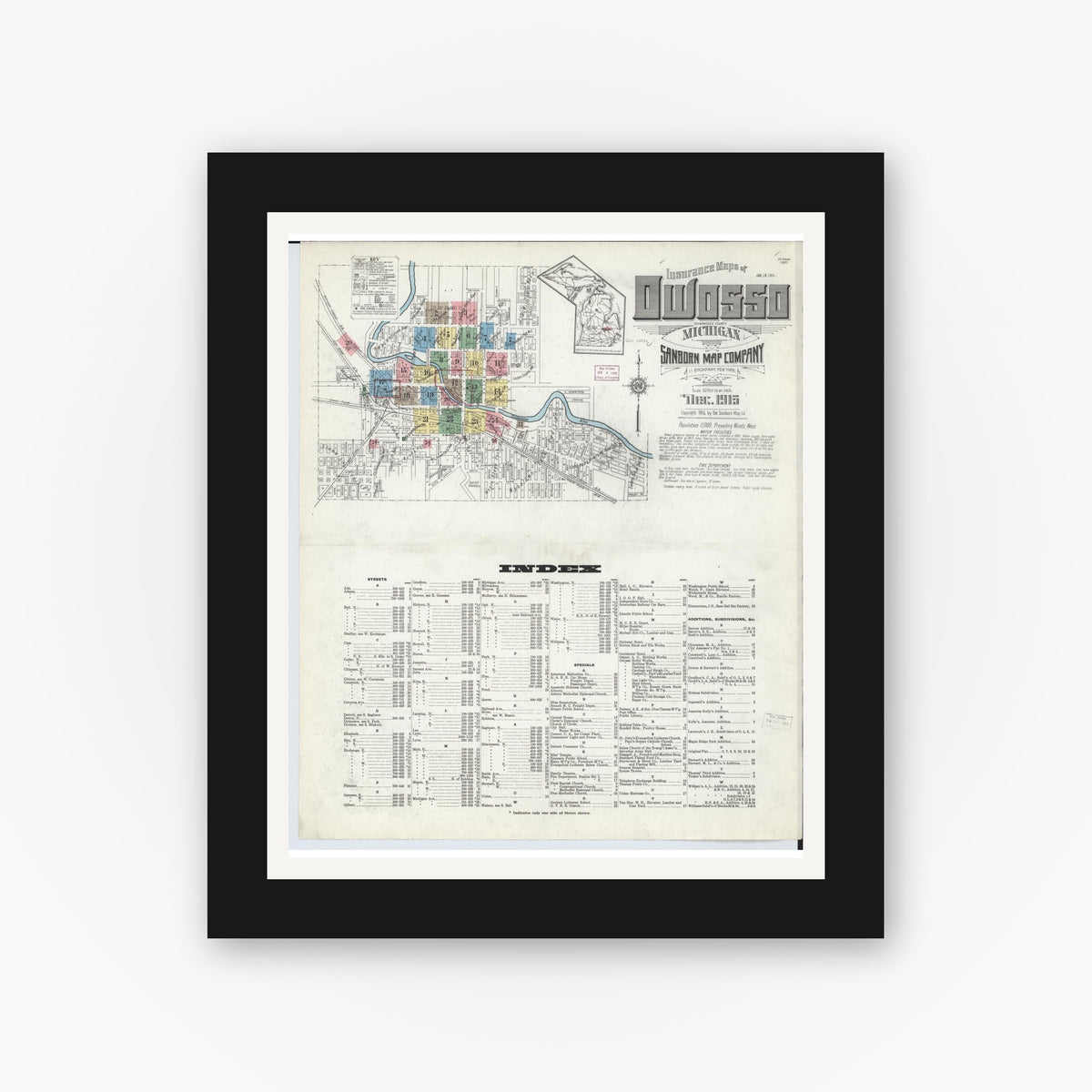 Old map wall art mockup — black gallery frame with white mat — Sanborn Fire Insurance Map from Owosso, Shiawassee County, Michigan (1915) - Complete Map Set