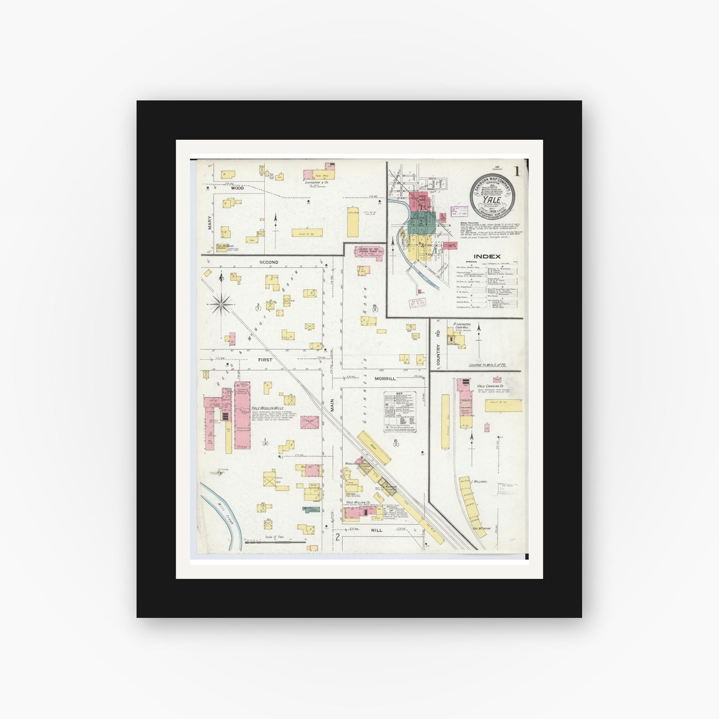 Old map wall art mockup — black gallery frame with white mat — Sanborn Fire Insurance Map from Yale, Saint Clair County, Michigan (1909), Sheet #0001