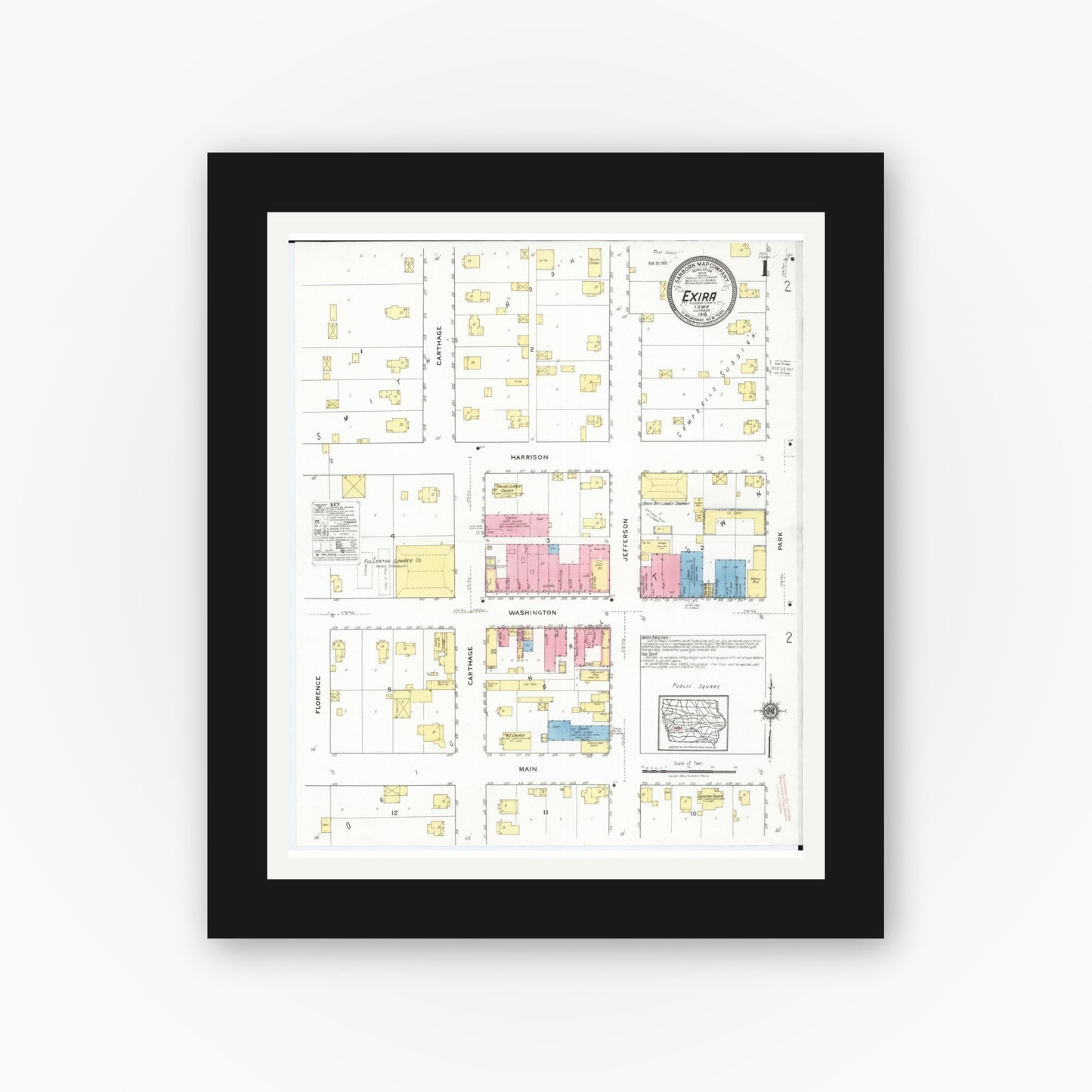 Old map wall art mockup — black gallery frame with white mat — Sanborn Fire Insurance Map from Exira, Audubon County, Iowa (1918), Sheet #0001