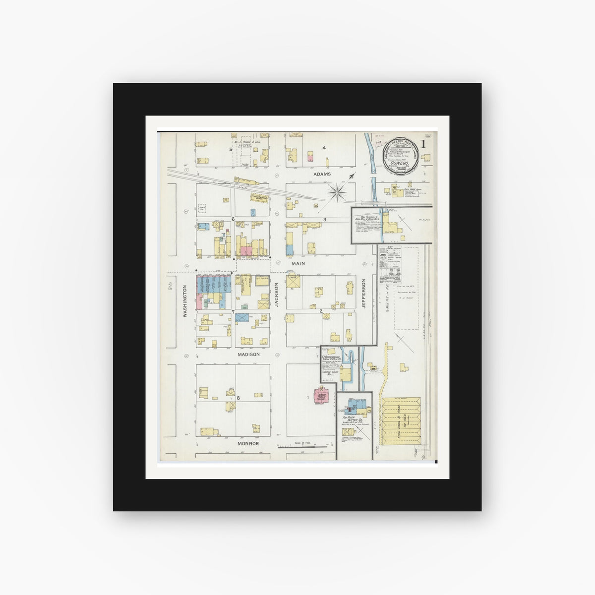 Old map wall art mockup — black gallery frame with white mat — Sanborn Fire Insurance Map from Oswego, Kendall County, Illinois (1892), Sheet #0001
