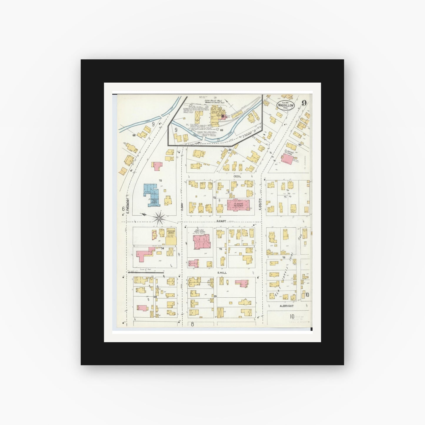 Old map wall art mockup — black gallery frame with white mat — Sanborn Fire Insurance Map from Massillon, Stark County, Ohio (1901), Sheet #0009