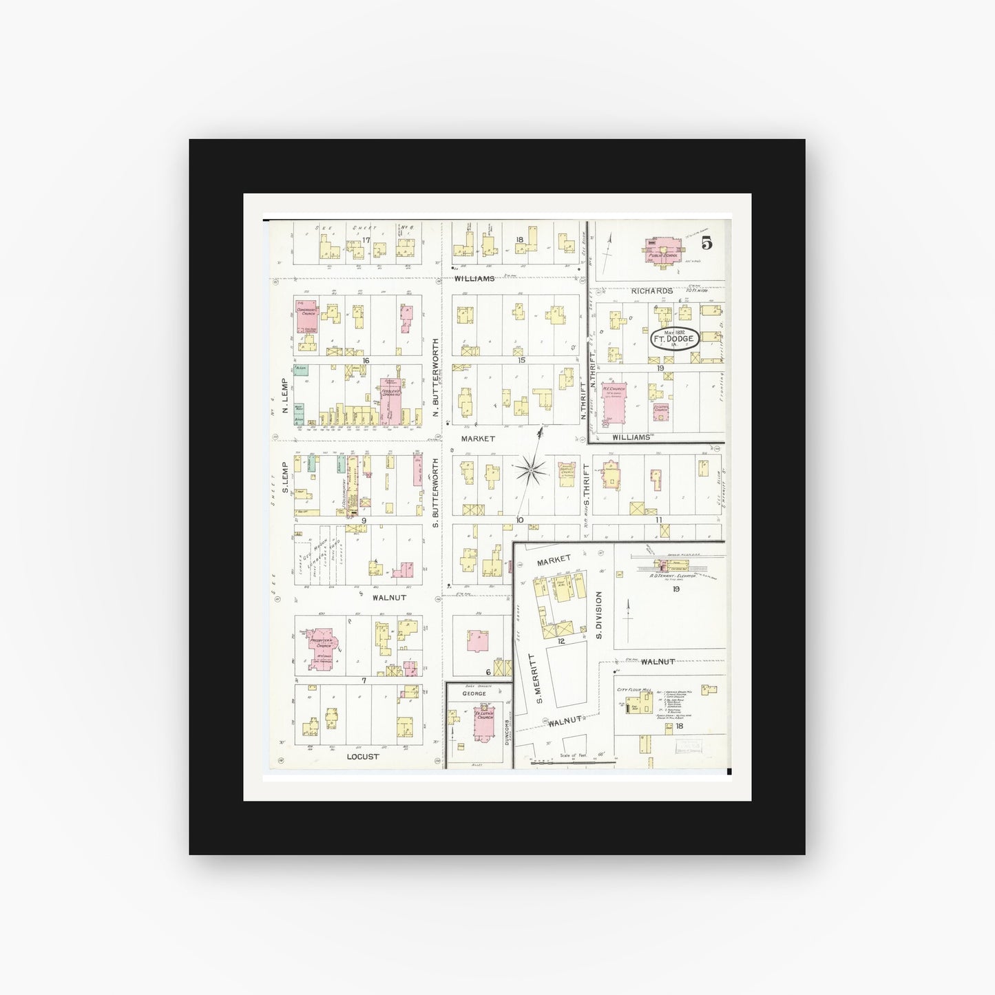 Old map wall art mockup — black gallery frame with white mat — Sanborn Fire Insurance Map from Fort Dodge, Webster County, Iowa (1892), Sheet #0005