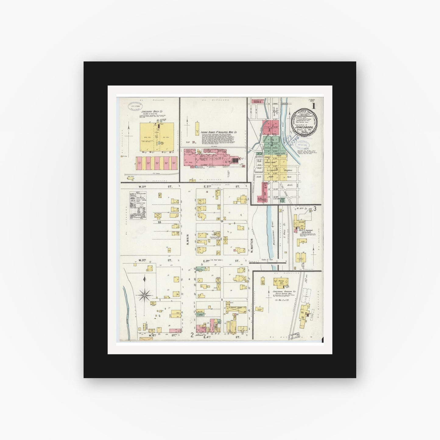 Old map wall art mockup — black gallery frame with white mat — Sanborn Fire Insurance Map from Jonesboro, Grant County, Indiana (1898) - Complete Map Set