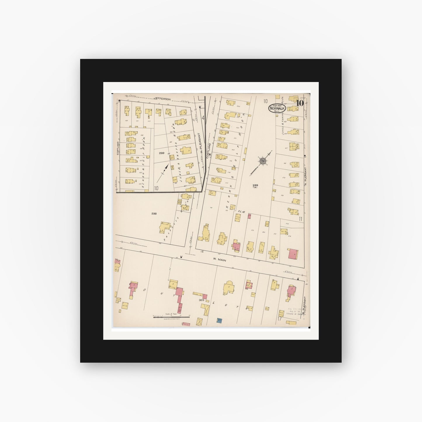 Old map wall art mockup — black gallery frame with white mat — Sanborn Fire Insurance Map from Norwalk, Huron County, Ohio (1922), Sheet #0010