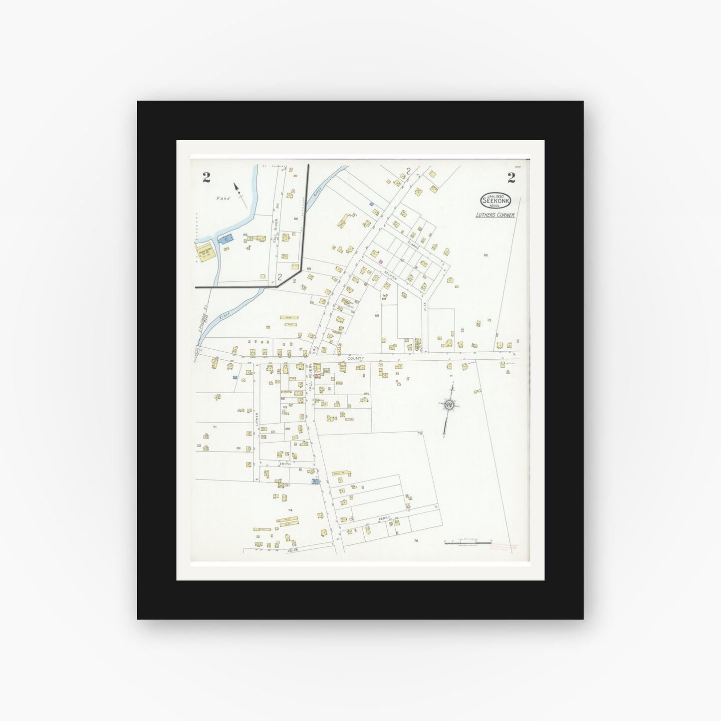 Old map wall art mockup — black gallery frame with white mat — Sanborn Fire Insurance Map from Seekonk, Bristol County, Massachusetts (1930), Sheet #0002