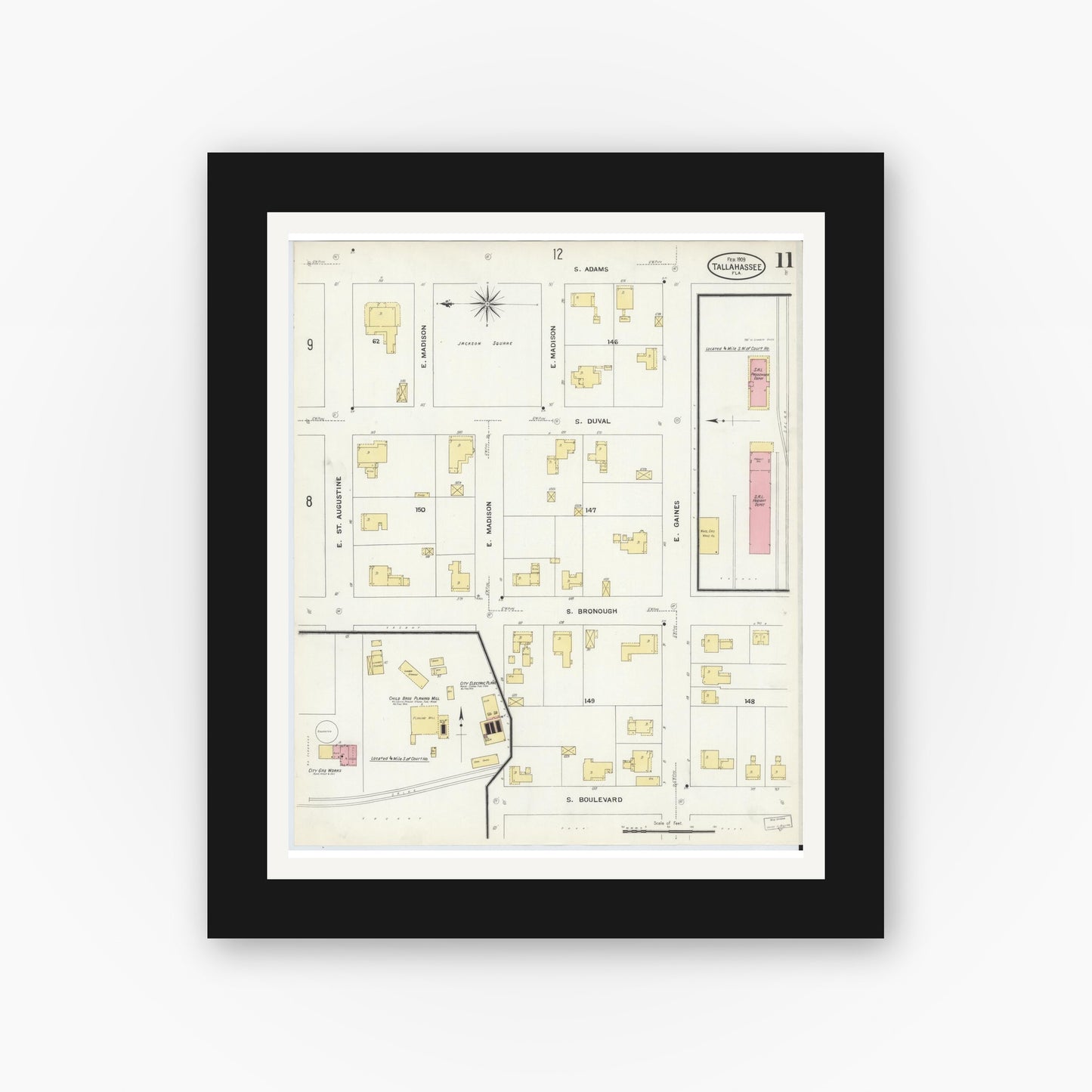 Old map wall art mockup — black gallery frame with white mat — Sanborn Fire Insurance Map from Tallahassee, Leon County, Florida (1909), Sheet #0011