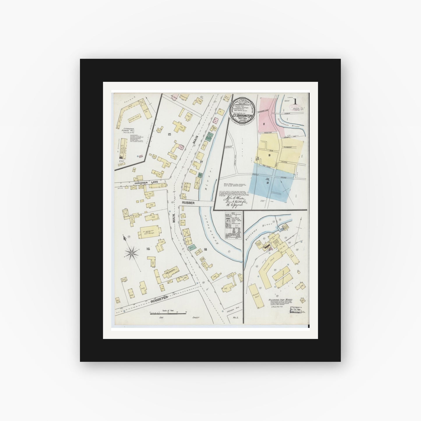 Old map wall art mockup — black gallery frame with white mat — Sanborn Fire Insurance Map from Great Barrington, Berkshire County, Massachusetts (1889) - Complete Map Set