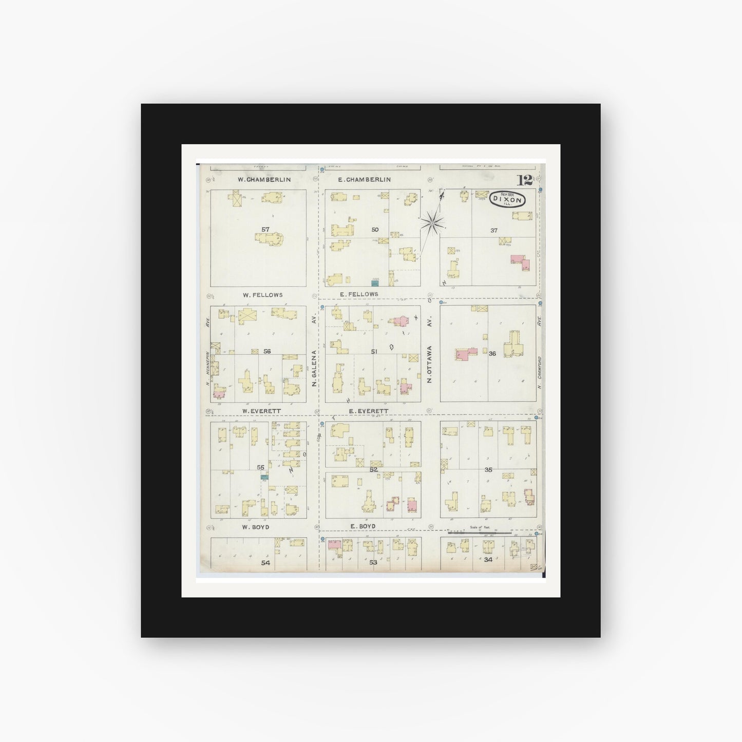 Old map wall art mockup — black gallery frame with white mat — Sanborn Fire Insurance Map from Dixon, Lee County, Illinois (1891), Sheet #0012