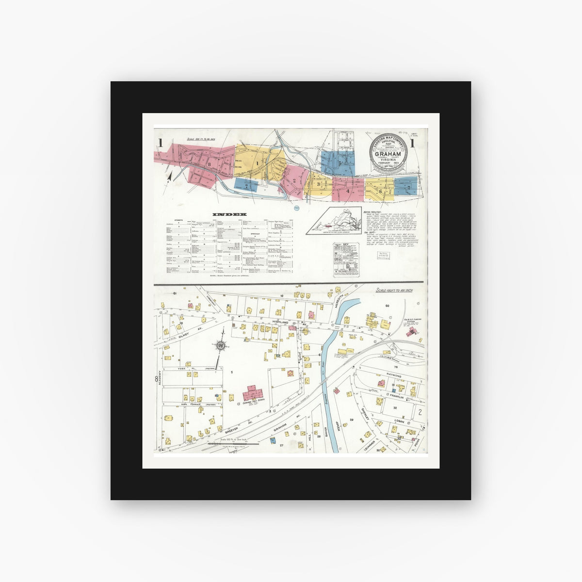 Old map wall art mockup — black gallery frame with white mat — Sanborn Fire Insurance Map from Graham, Tazewell County, Virginia (1923) - Complete Map Set