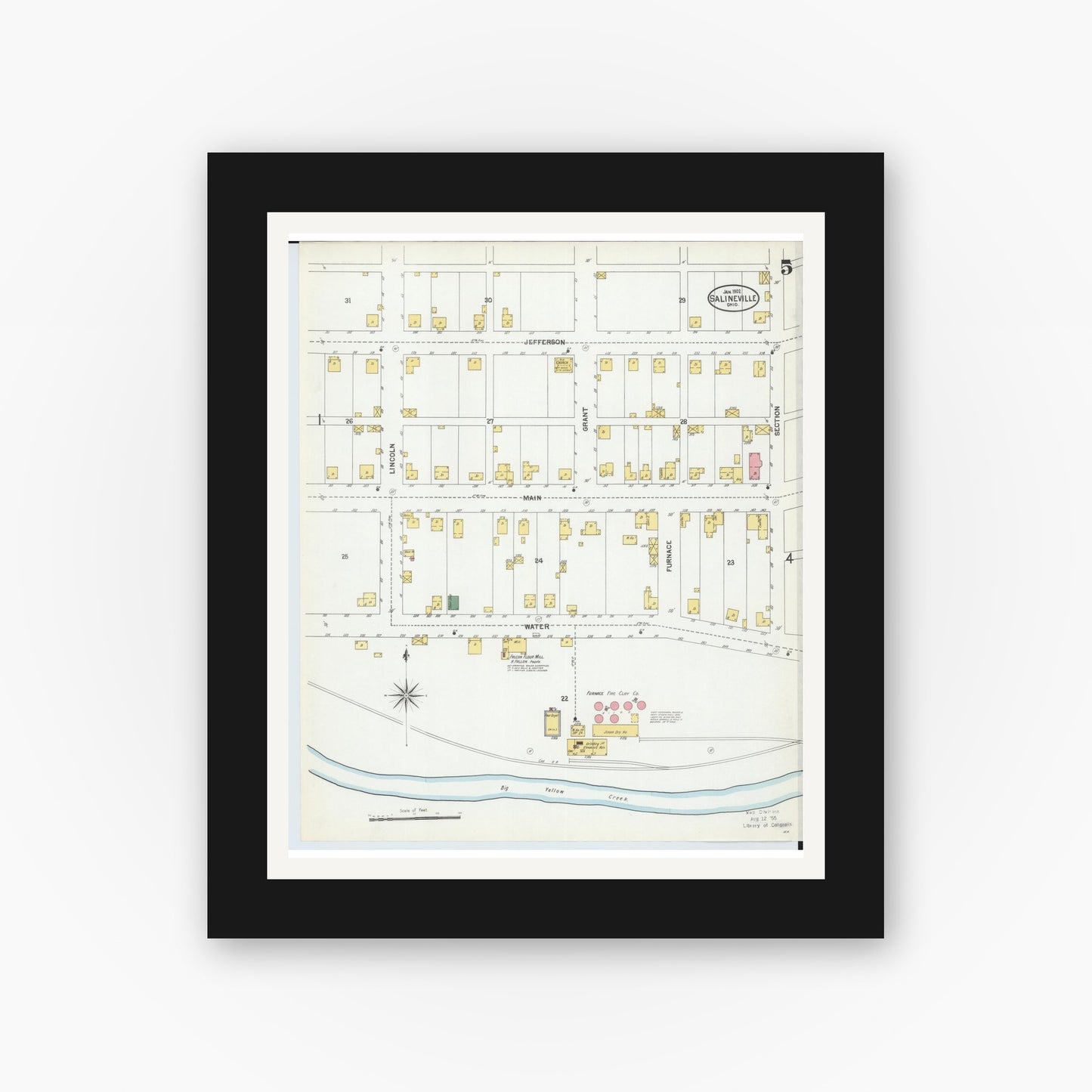 Old map wall art mockup — black gallery frame with white mat — Sanborn Fire Insurance Map from Salineville, Columbiana County, Ohio (1902), Sheet #0005