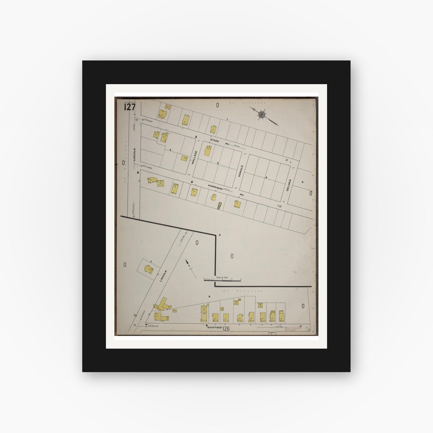 Old map wall art mockup — black gallery frame with white mat — Sanborn Fire Insurance Map from Worcester, Worcester County, Massachusetts (1910), Sheet #0127