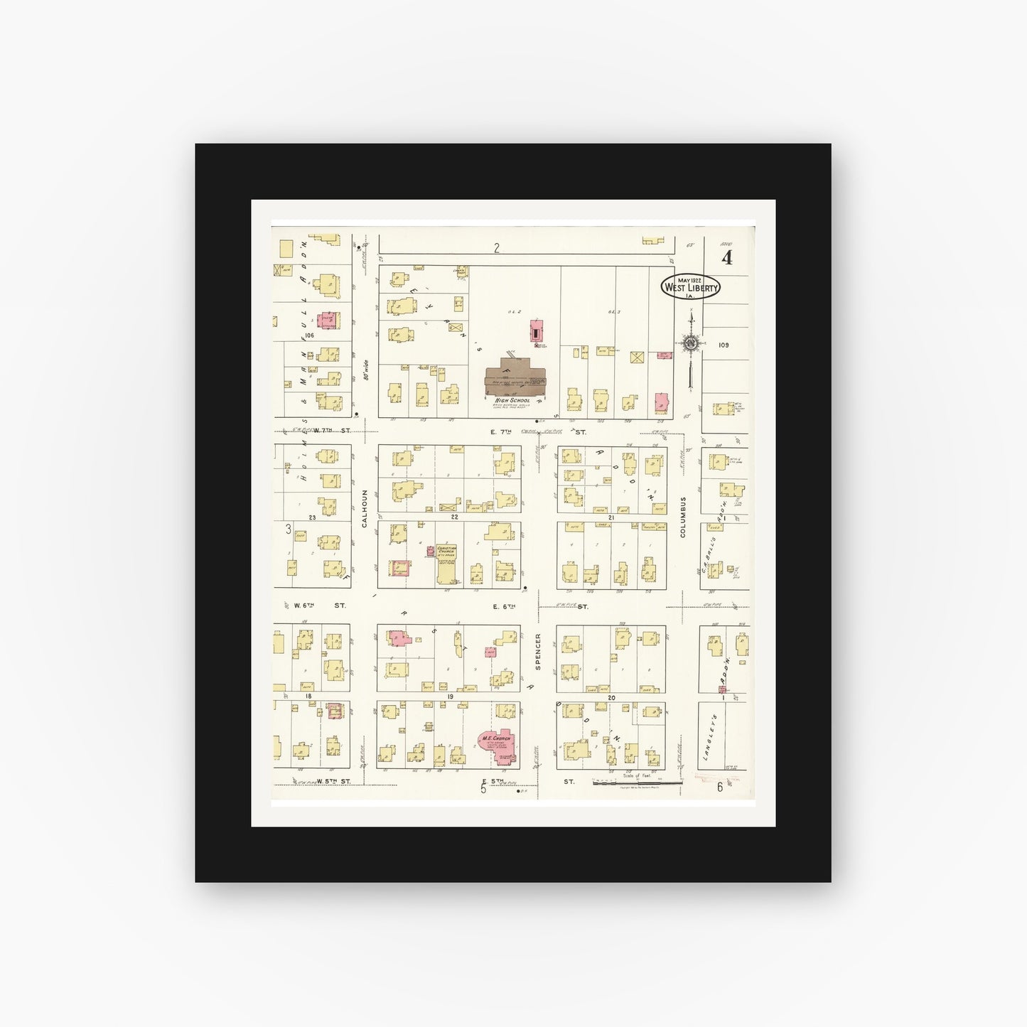 Old map wall art mockup — black gallery frame with white mat — Sanborn Fire Insurance Map from West Liberty, Muscatine County, Iowa (1922), Sheet #0004